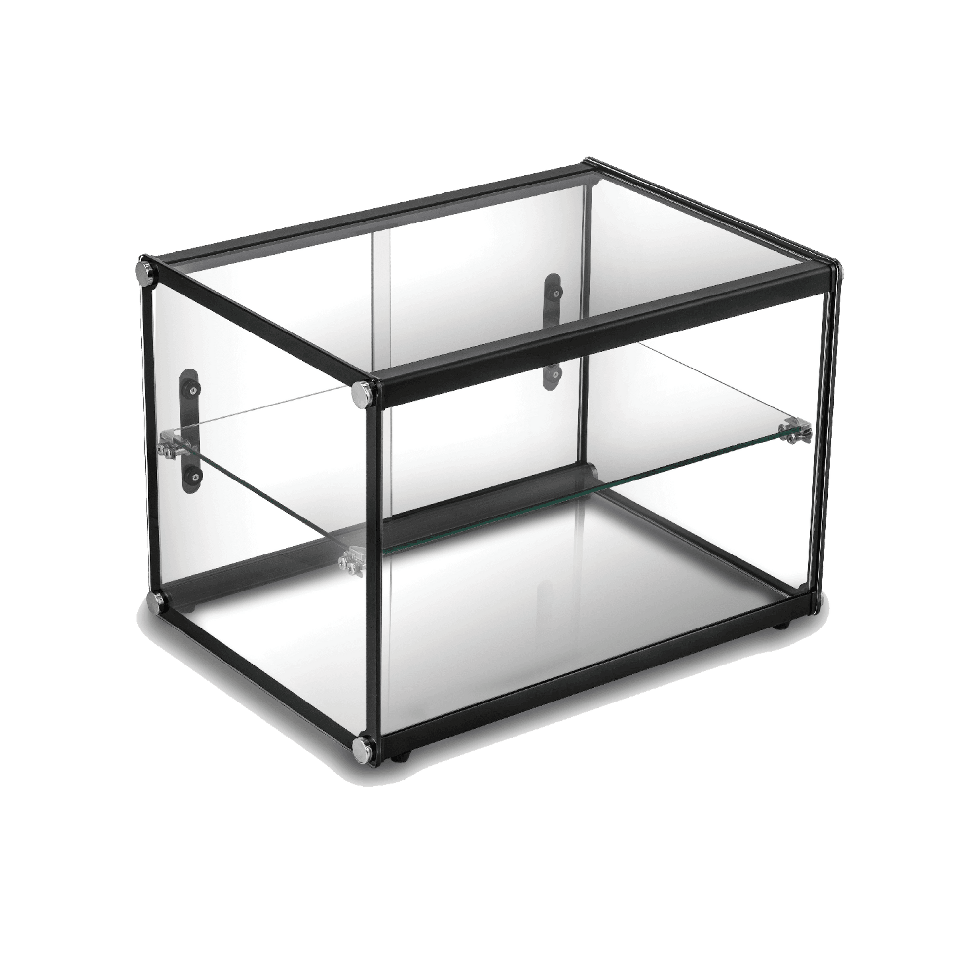 Two-tier rectangular glass cake display with black metal frame and clear glass panels.