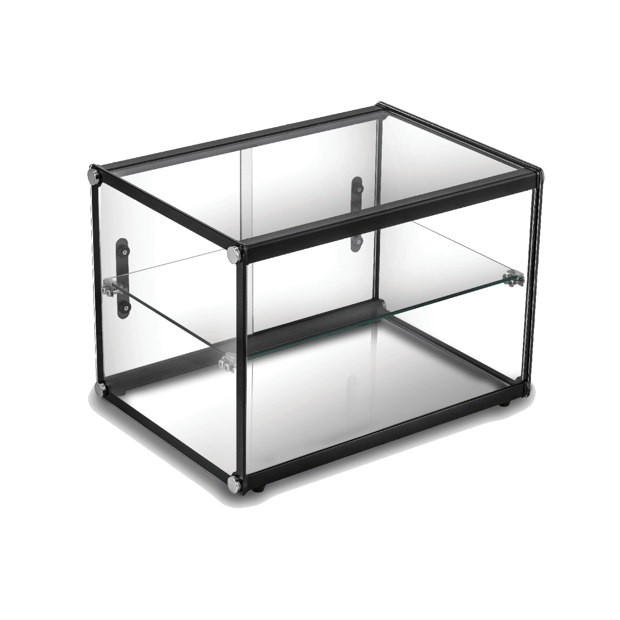 Two-tier rectangular glass cake display with black metal frame and clear glass panels.