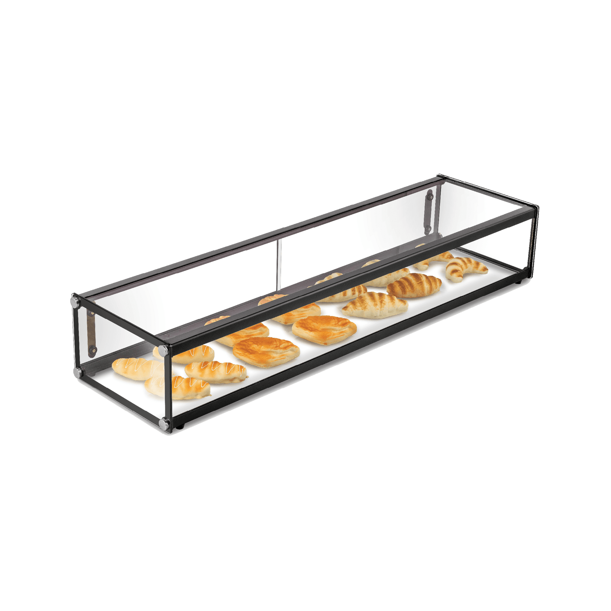 Rectangular black metal frame ambient cake display with clear glass panels and flat glass bottom shelf showing pastries.