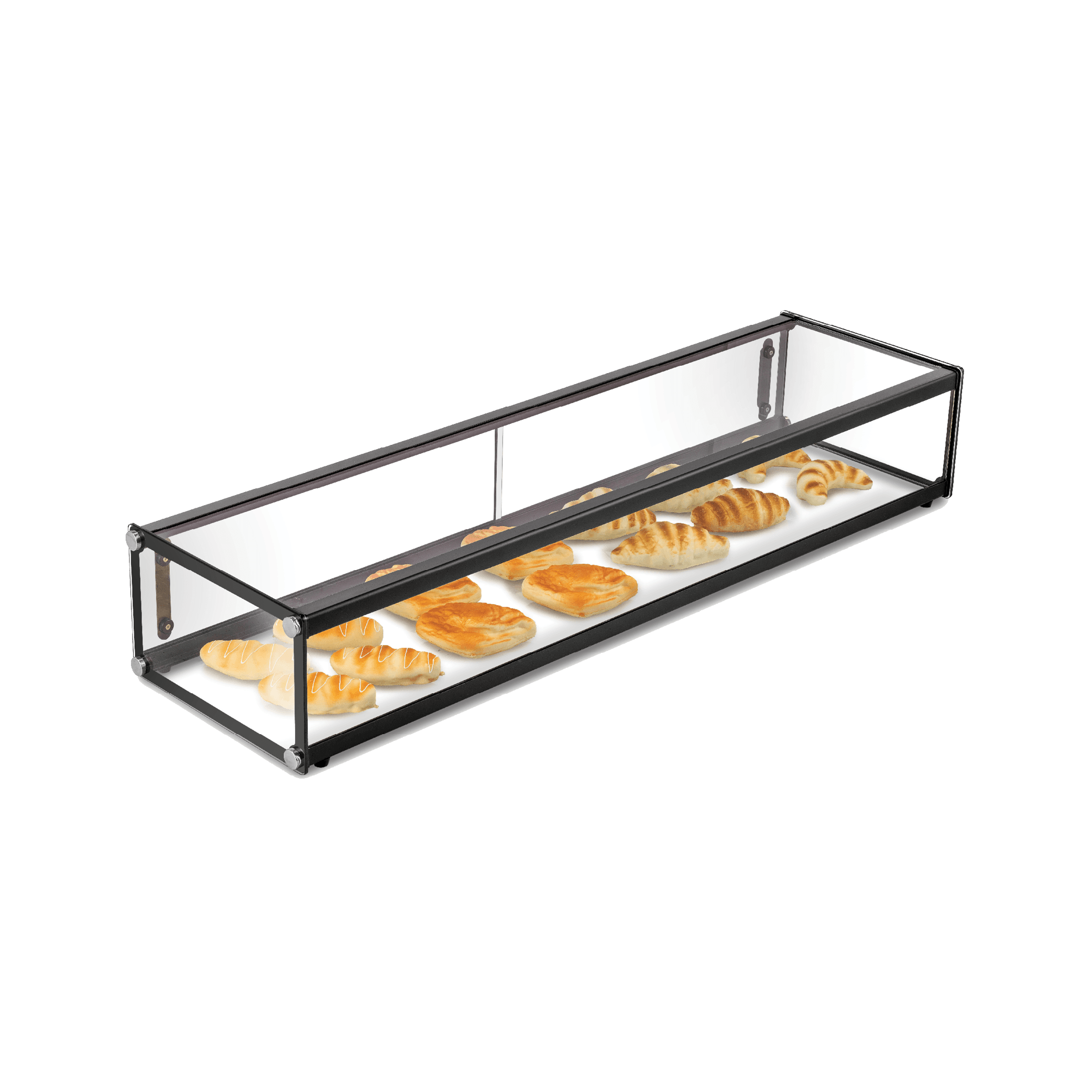 Rectangular black metal frame ambient cake display with clear glass panels and flat glass bottom shelf showing pastries.