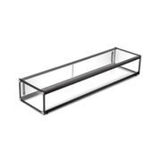 Rectangular one-tier cake display with clear glass panels and black metal frame.
