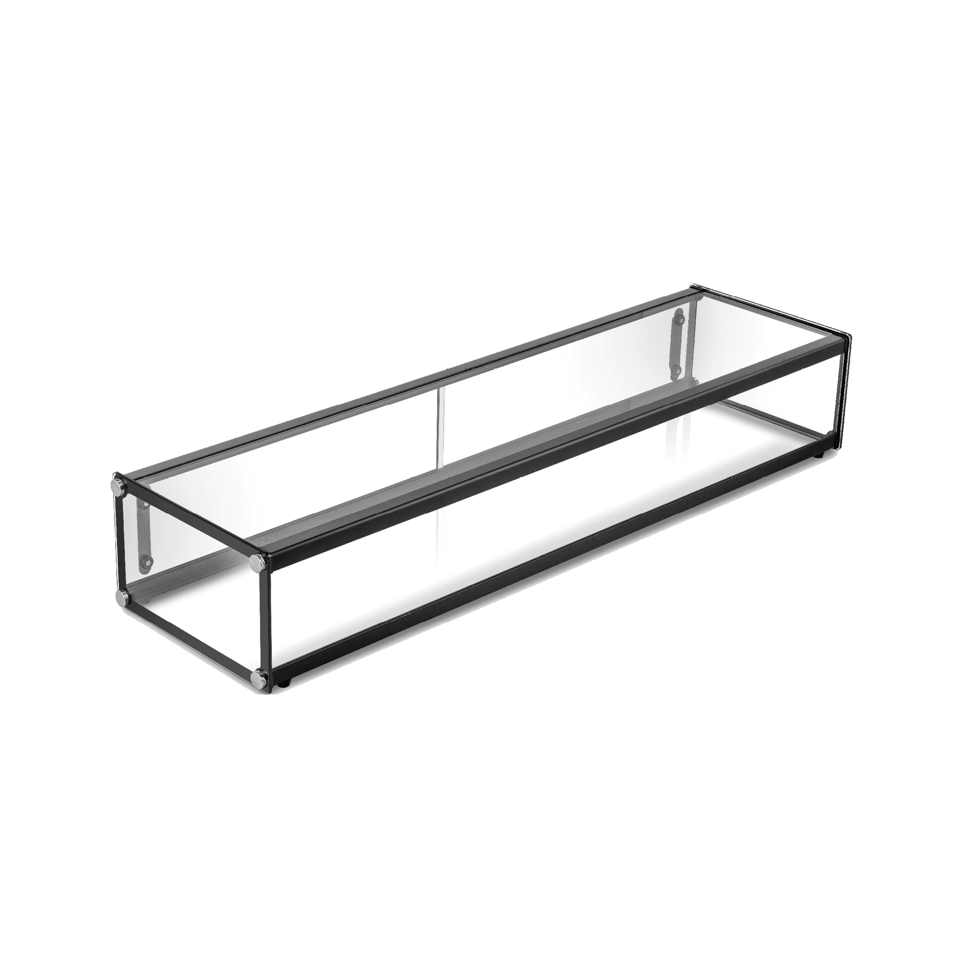 Rectangular one-tier cake display with clear glass panels and black metal frame.