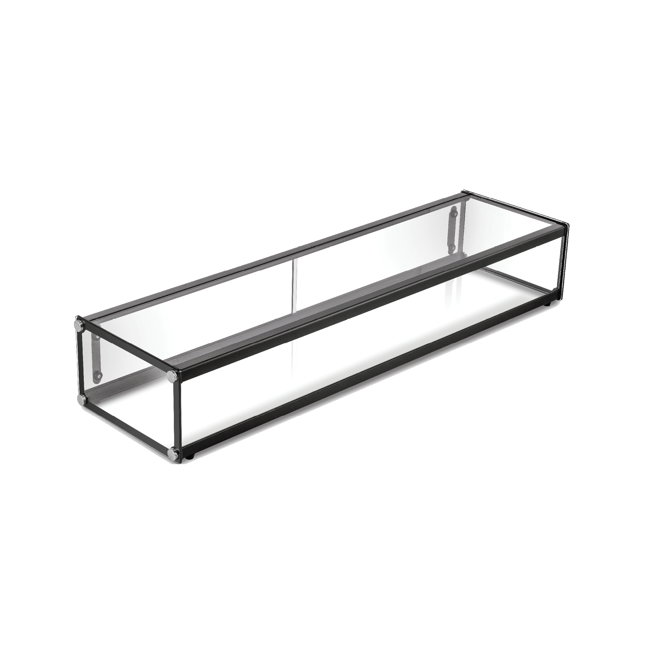 Rectangular one-tier cake display with clear glass panels and black metal frame.