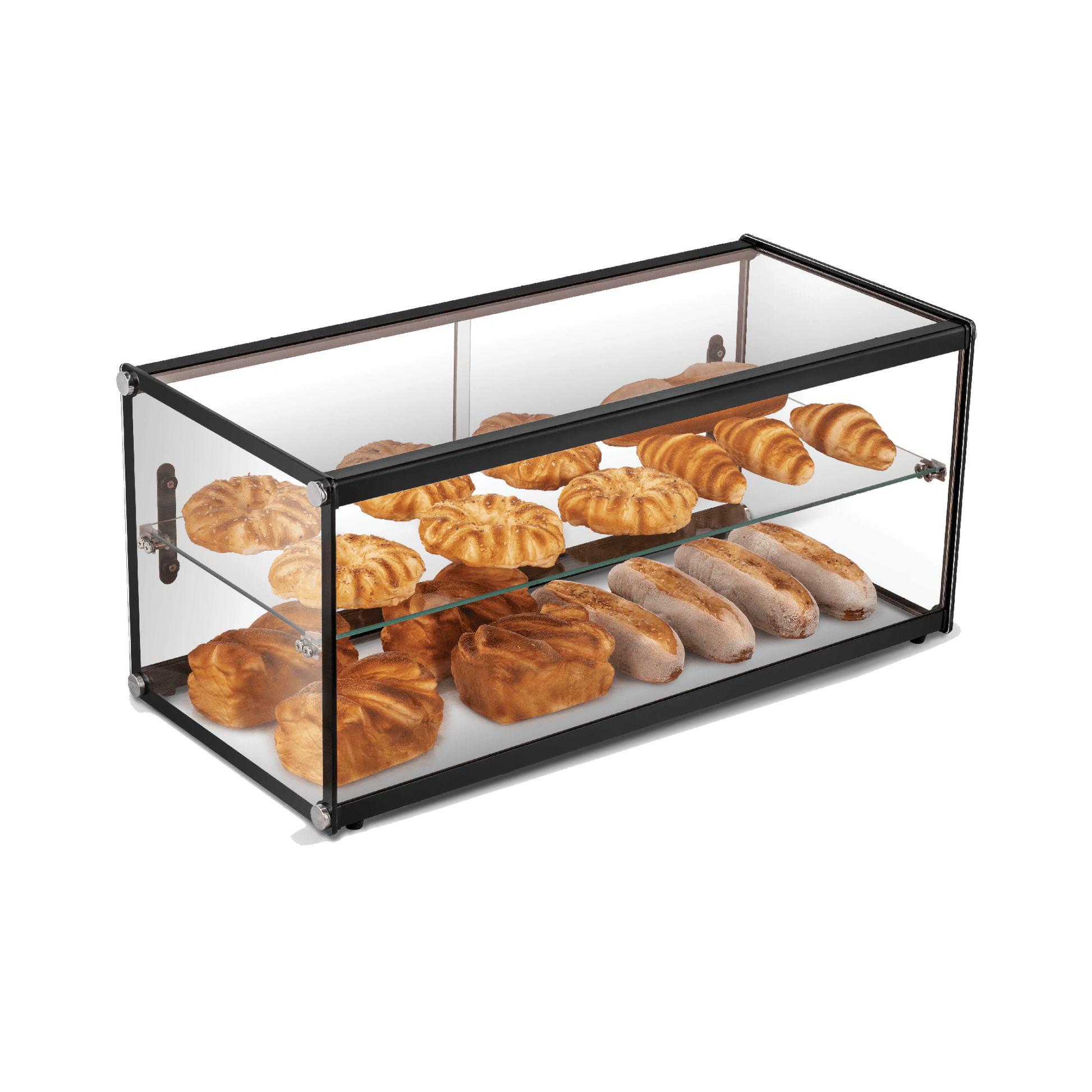 Two-tier glass cake display with black metal frame showcasing assorted pastries and croissants.