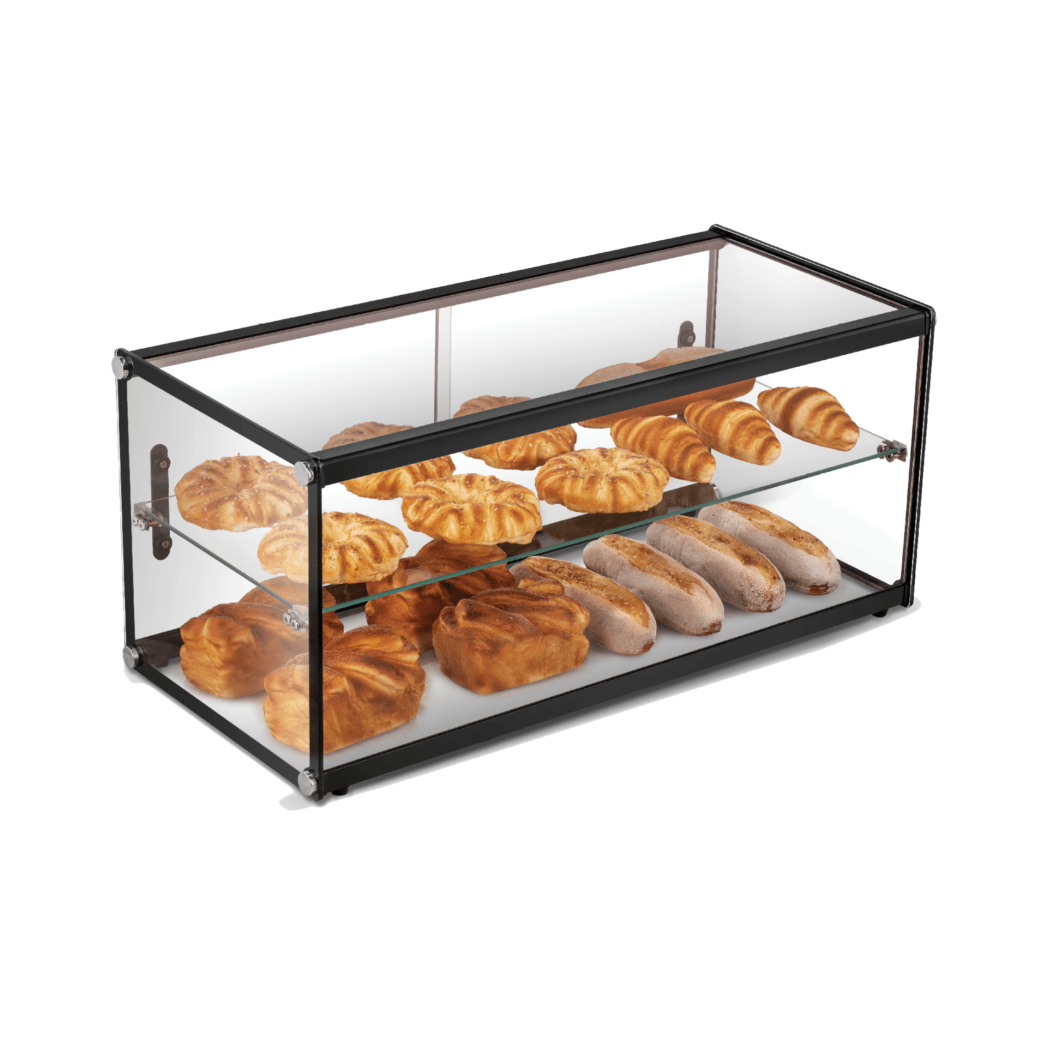 Two-tier glass cake display with black metal frame showcasing assorted pastries and croissants.