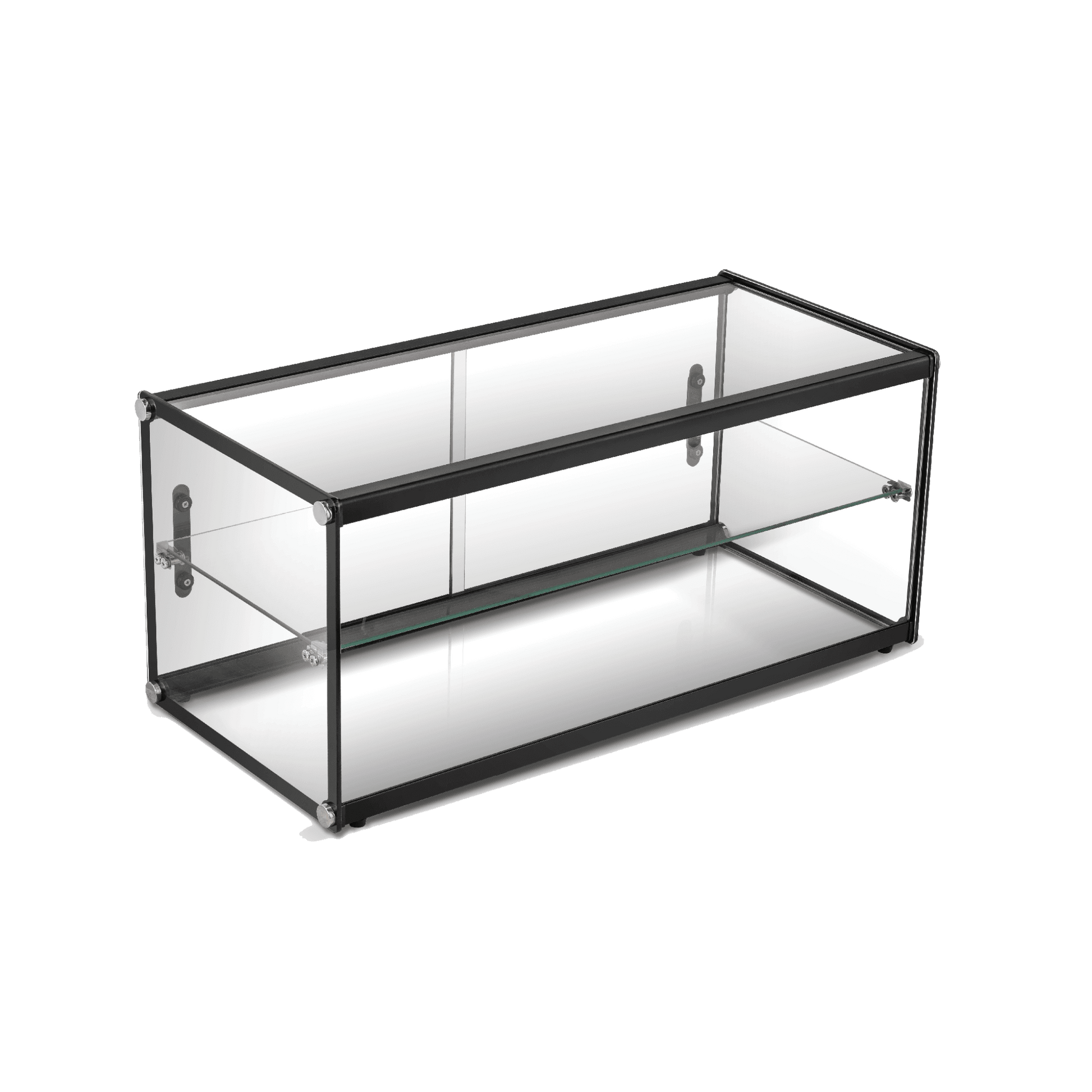 Two-tier rectangular glass ambient cake display with black frame and glass panels.