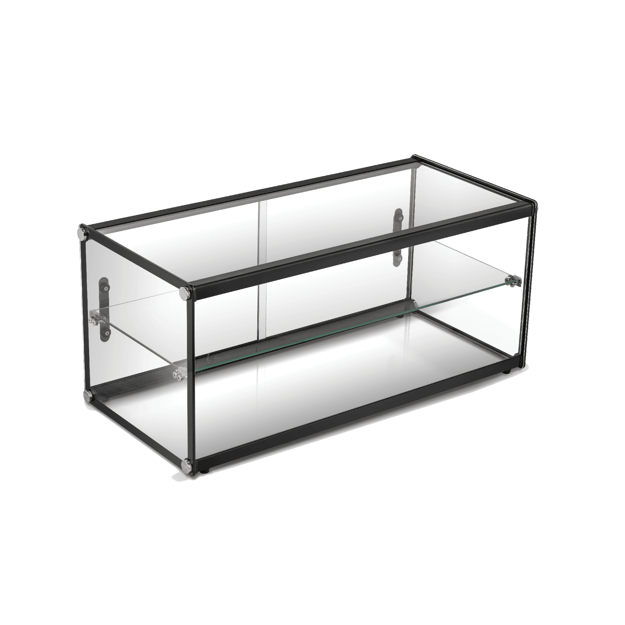 Two-tier rectangular glass ambient cake display with black frame and glass panels.