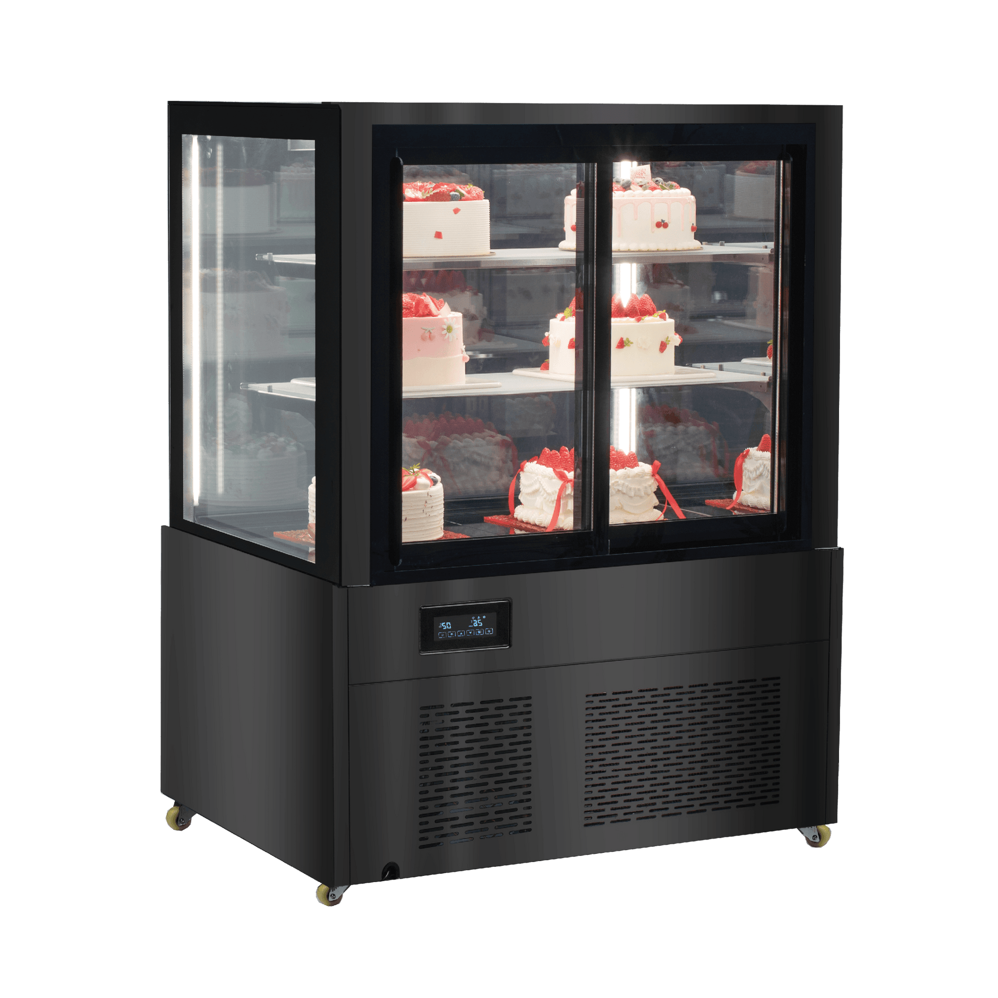 Black stainless steel three-tier cake display refrigerator with glass panels and mirrored back, 900mm wide.