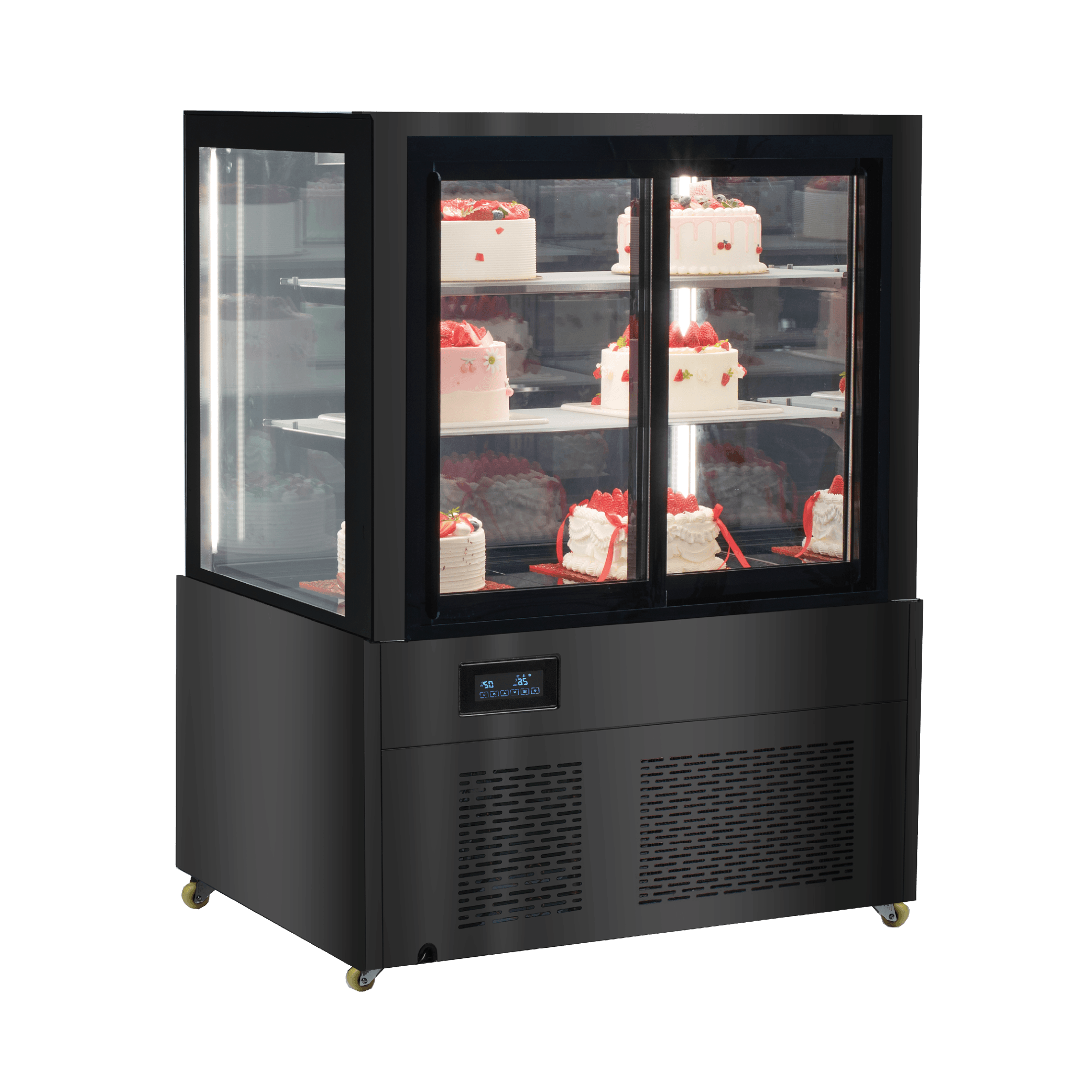 Black stainless steel three-tier cake display refrigerator with glass panels and mirrored back, 900mm wide.