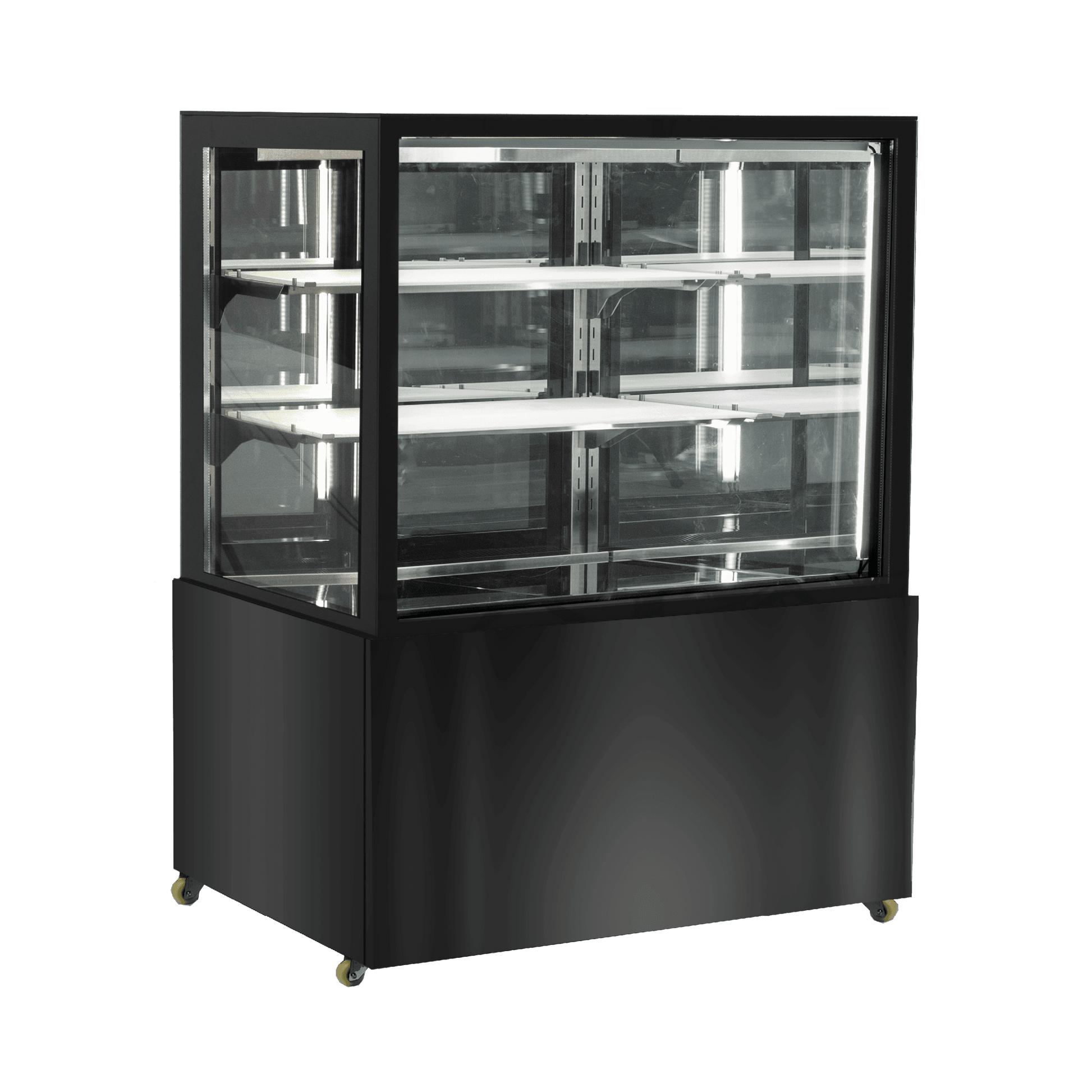 Black stainless steel three-tier refrigerated cake display with glass panels and sliding doors.