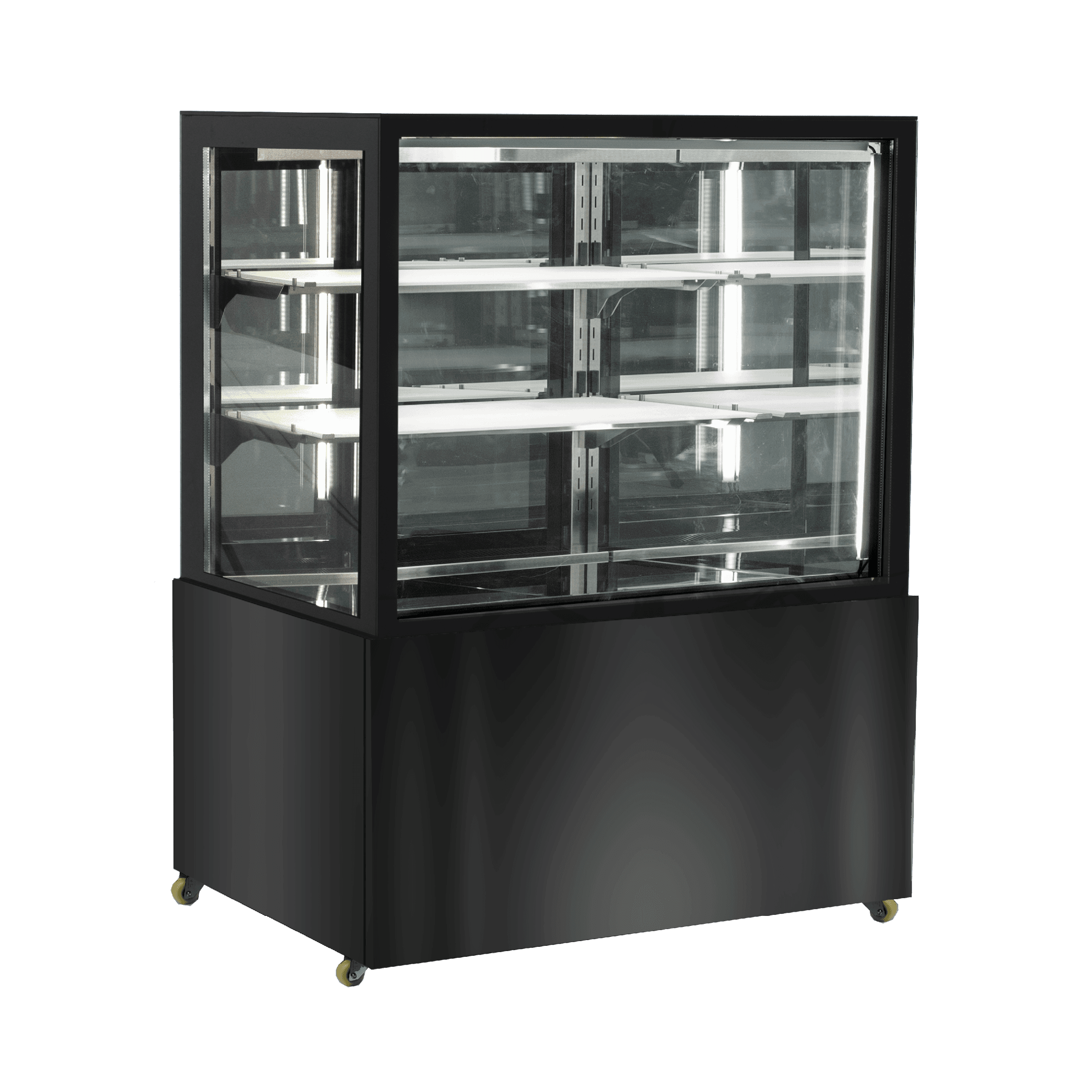 Black stainless steel three-tier refrigerated cake display with glass panels and sliding doors.