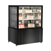 Black stainless steel and glass three-tier mirror cake display refrigerator with cakes inside, 900mm wide.