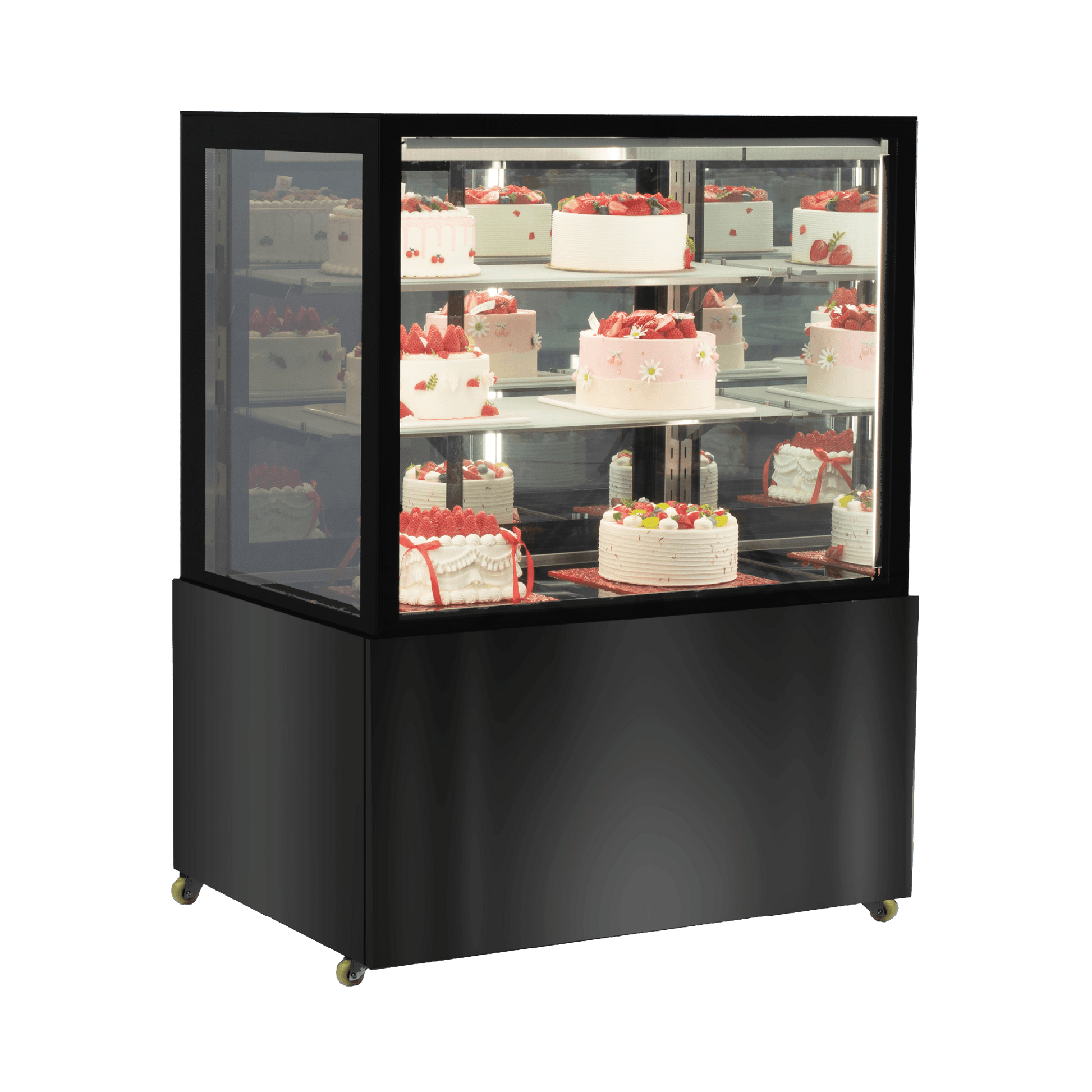 Black stainless steel and glass three-tier mirror cake display refrigerator with cakes inside, 900mm wide.