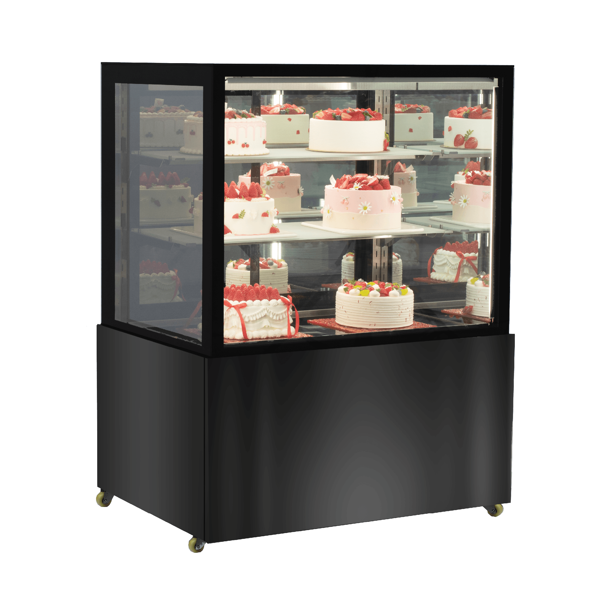 Black stainless steel and glass three-tier mirror cake display refrigerator with cakes inside, 900mm wide.