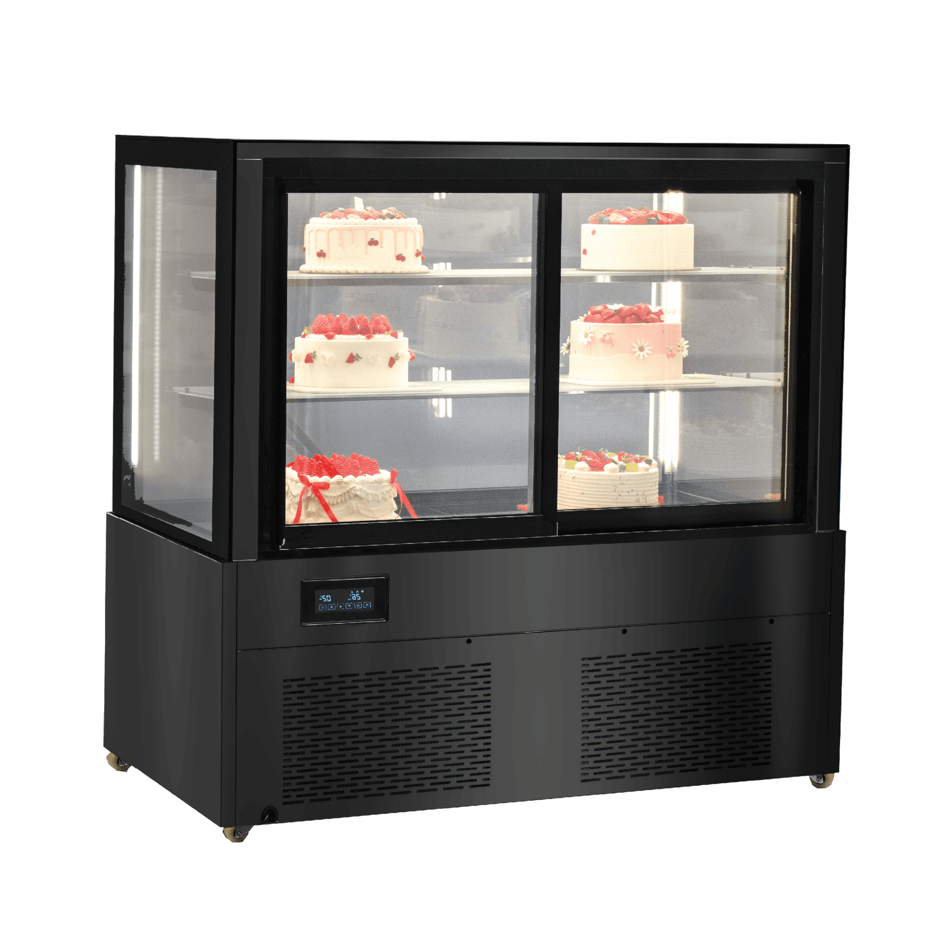 Black stainless steel and glass cake display refrigerator with three tiers and digital control panel.