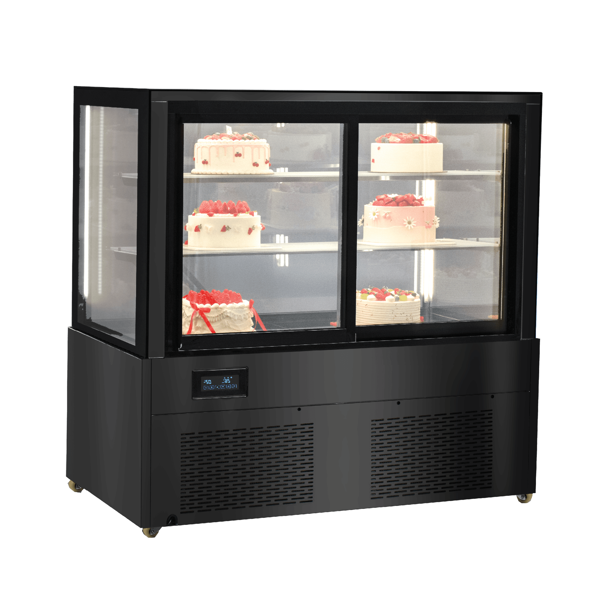 Black stainless steel and glass cake display refrigerator with three tiers and digital control panel.