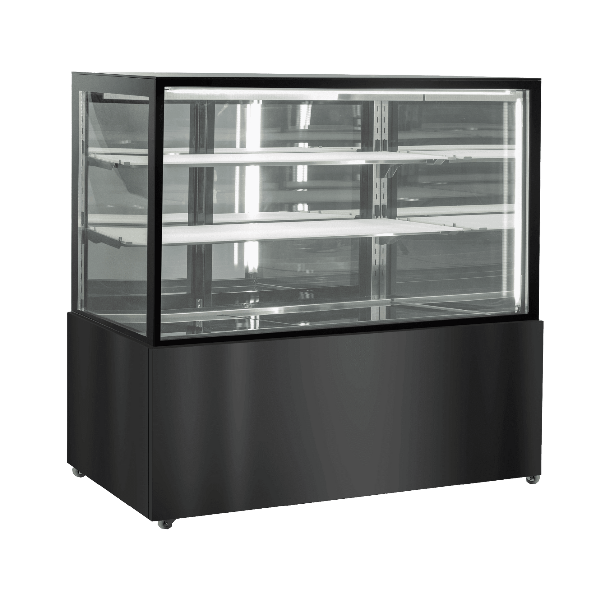 Three-tiered refrigerated cake display with black stainless steel base and glass panels, 1200mm wide.