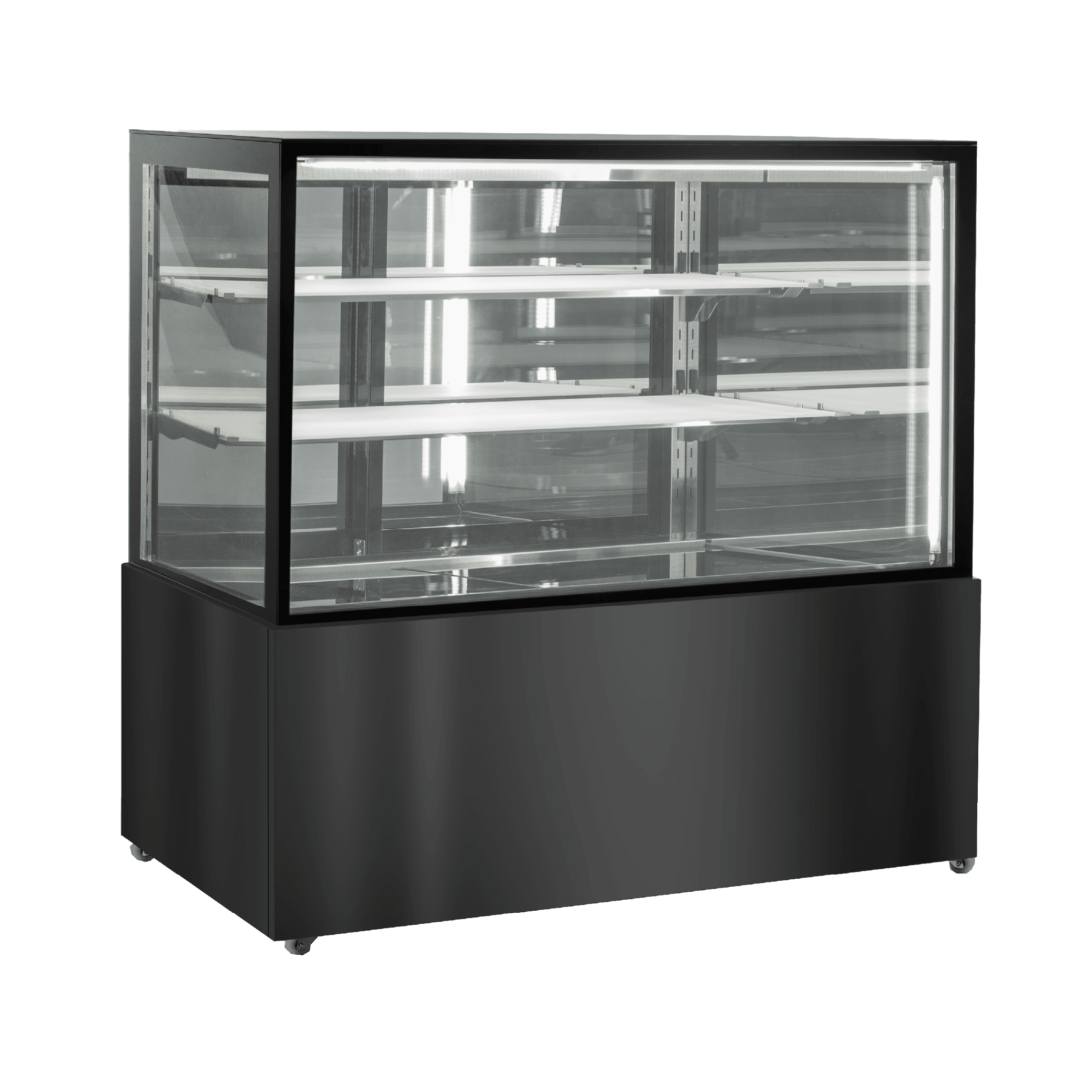 Three-tiered refrigerated cake display with black stainless steel base and glass panels, 1200mm wide.