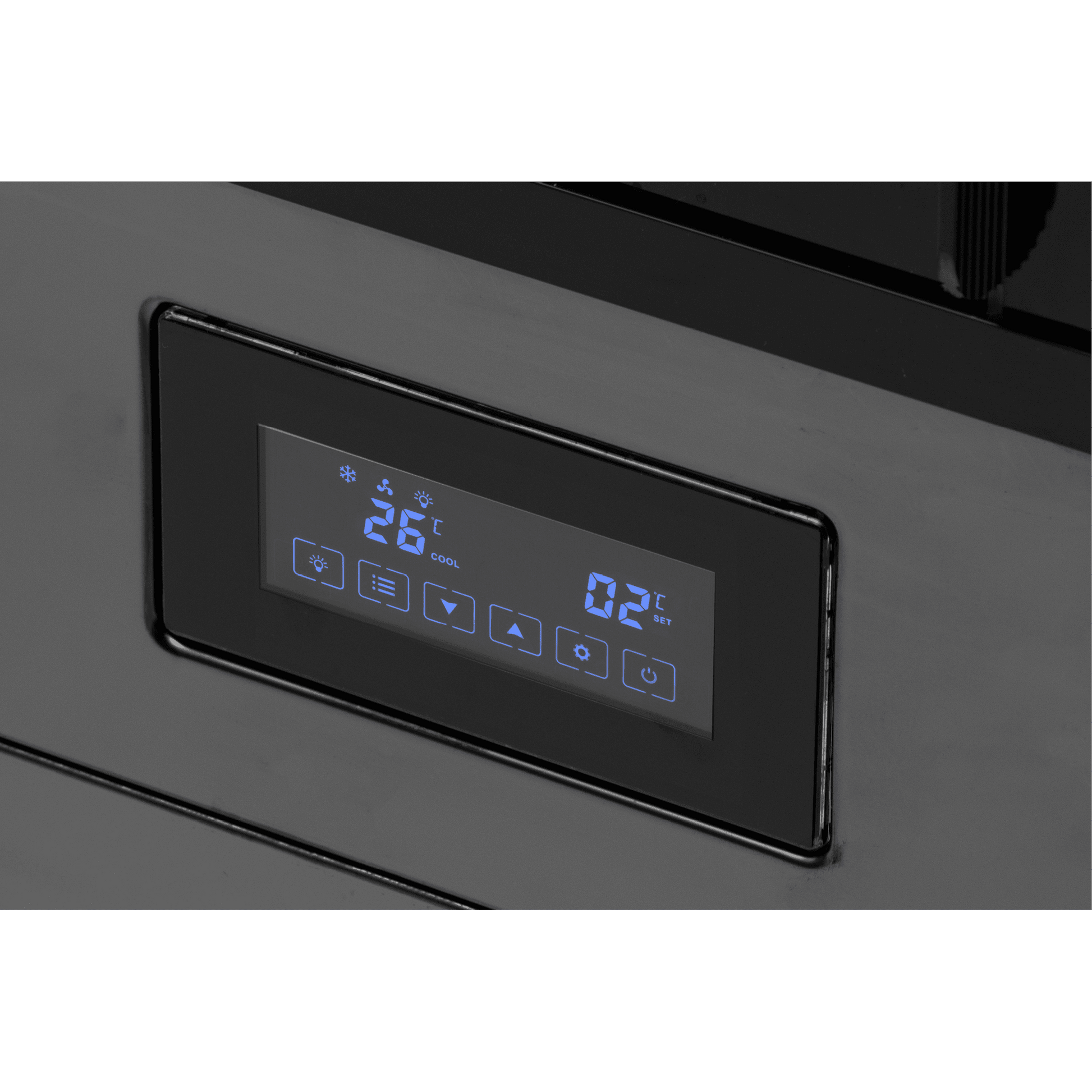 Black stainless steel panel with digital temperature control display and blue LED indicators.