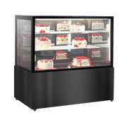 Three-tier glass cake display refrigerator with black stainless steel frame and panel, showcasing decorated cakes.