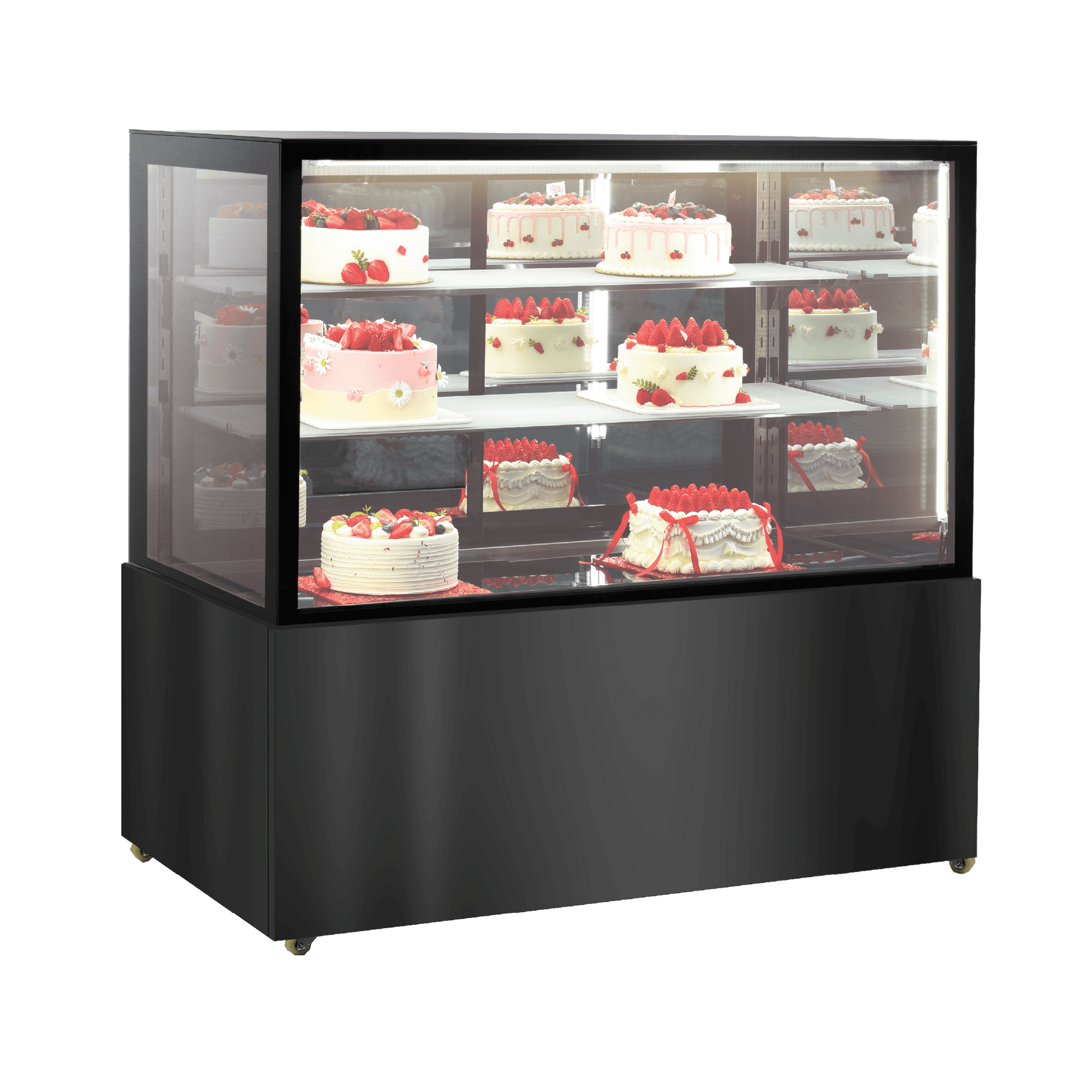 Three-tier glass cake display refrigerator with black stainless steel frame and panel, showcasing decorated cakes.