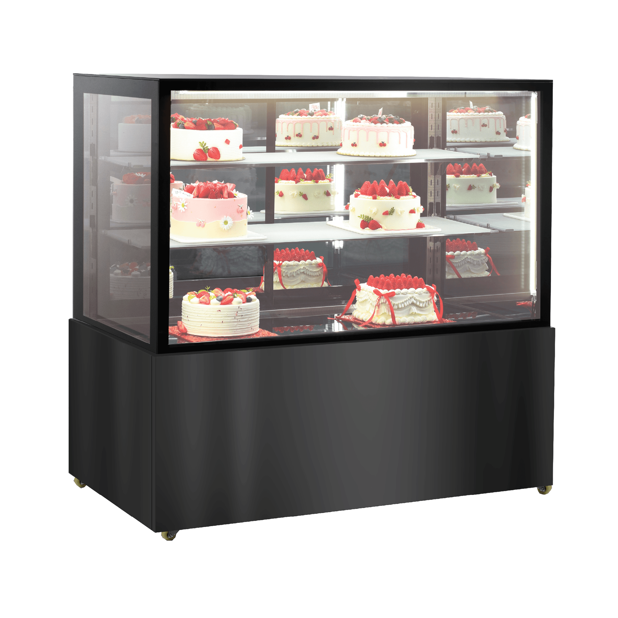 Three-tier glass cake display refrigerator with black stainless steel frame and panel, showcasing decorated cakes.