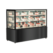 Black stainless steel three-tier refrigerated cake display with glass panels and multiple decorated strawberry cakes inside.