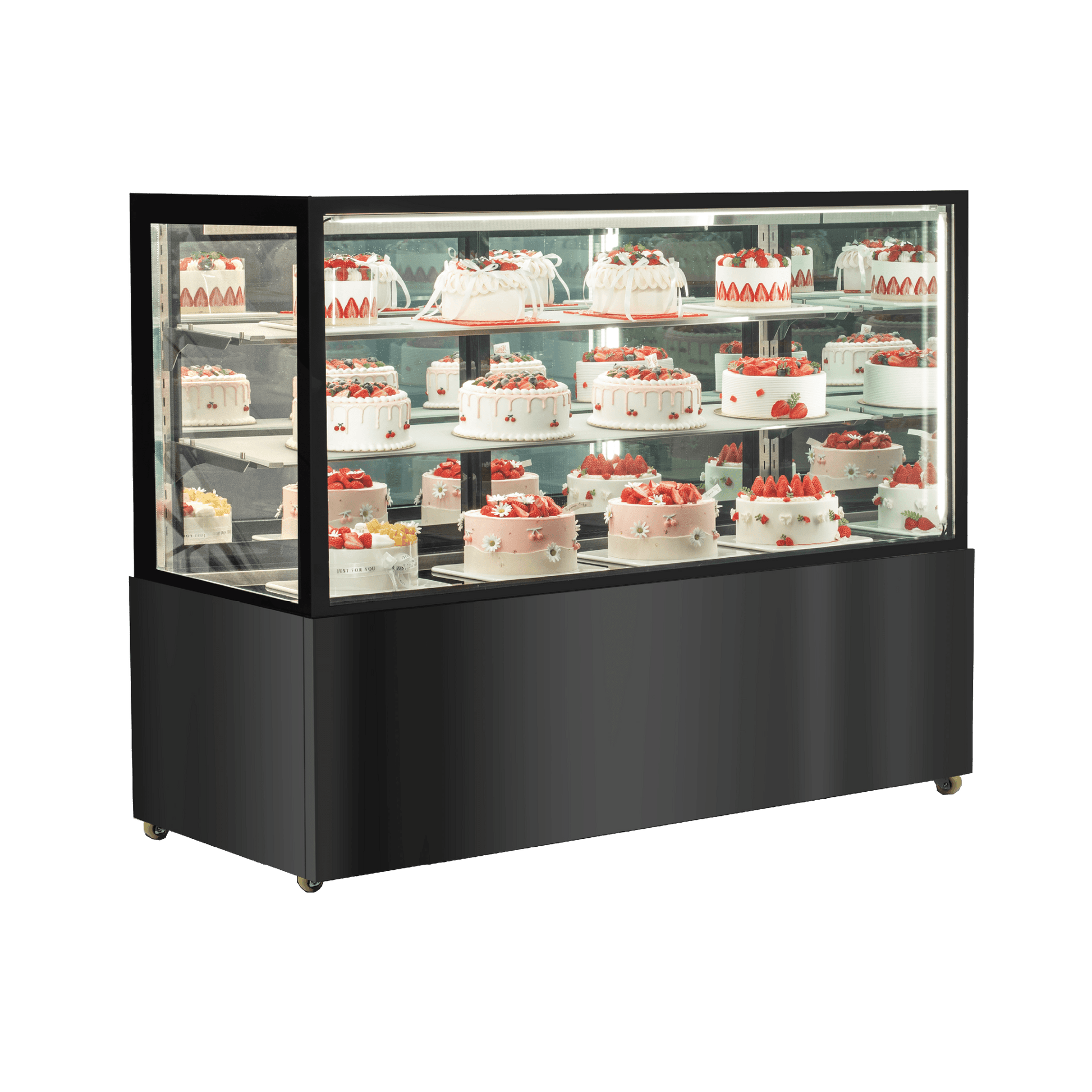 Black stainless steel three-tier refrigerated cake display with glass panels and multiple decorated strawberry cakes inside.