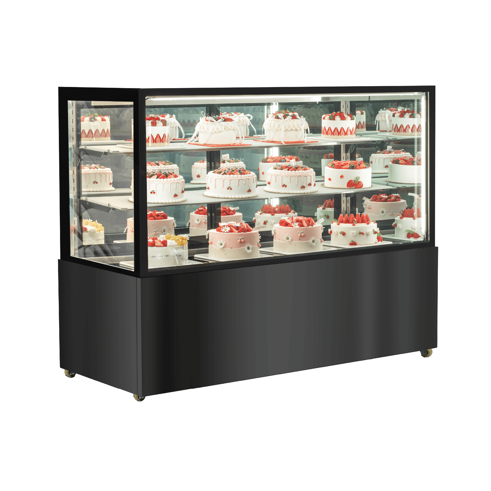 Black stainless steel three-tier refrigerated cake display with glass panels and multiple decorated strawberry cakes inside.