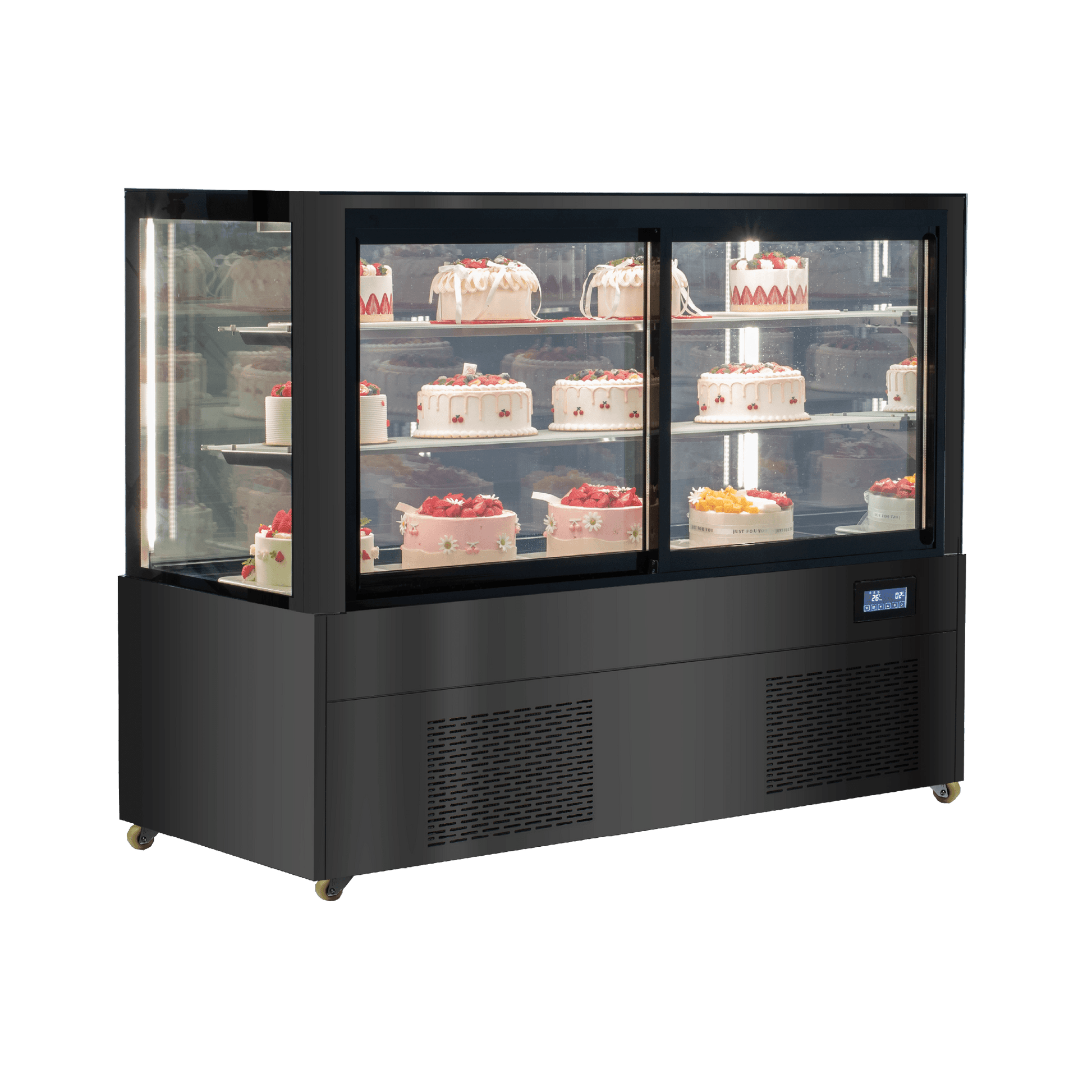 Black stainless steel three-tier refrigerated cake display with glass panels and illuminated interior showing assorted cakes.