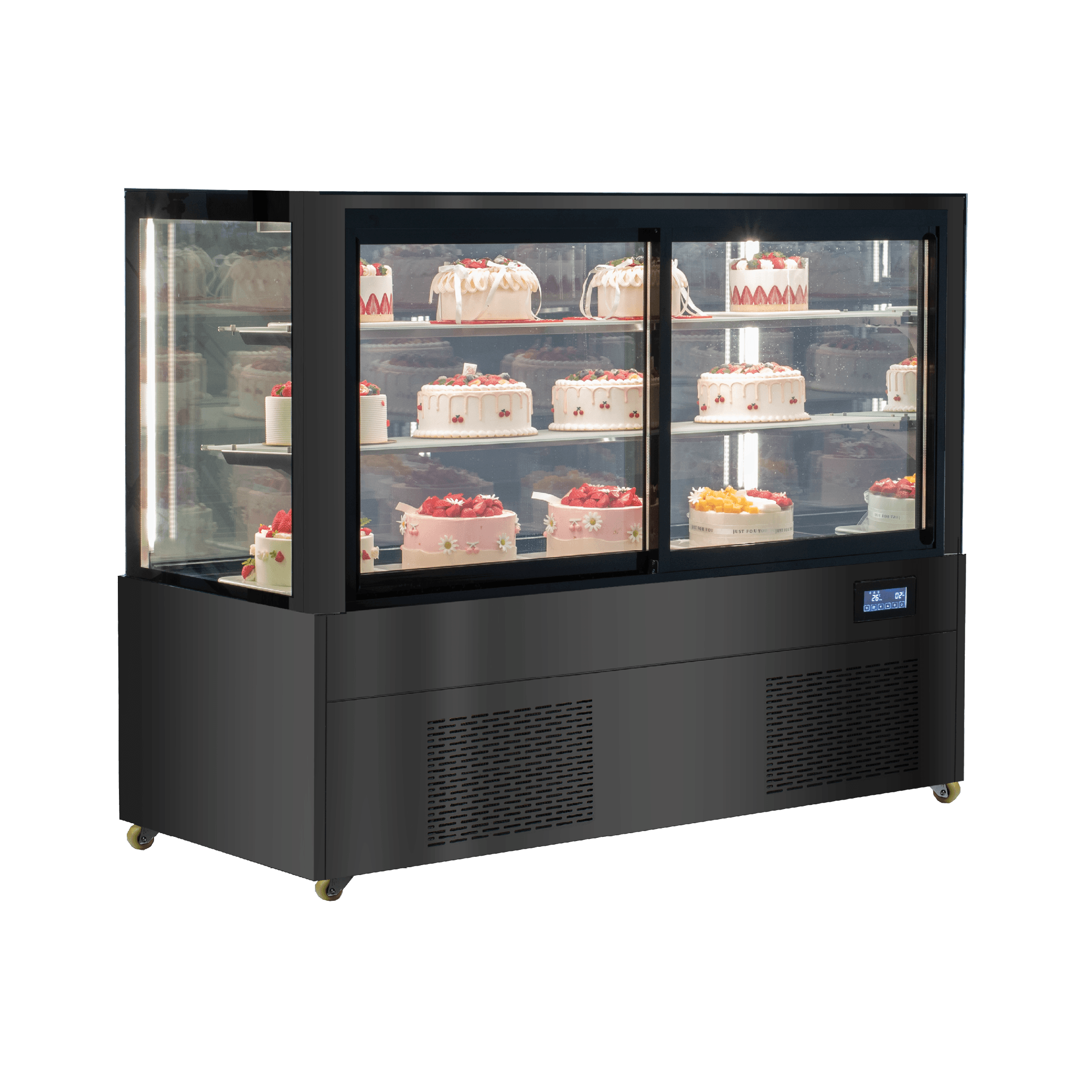 Black stainless steel three-tier refrigerated cake display with glass panels and illuminated interior showing assorted cakes.