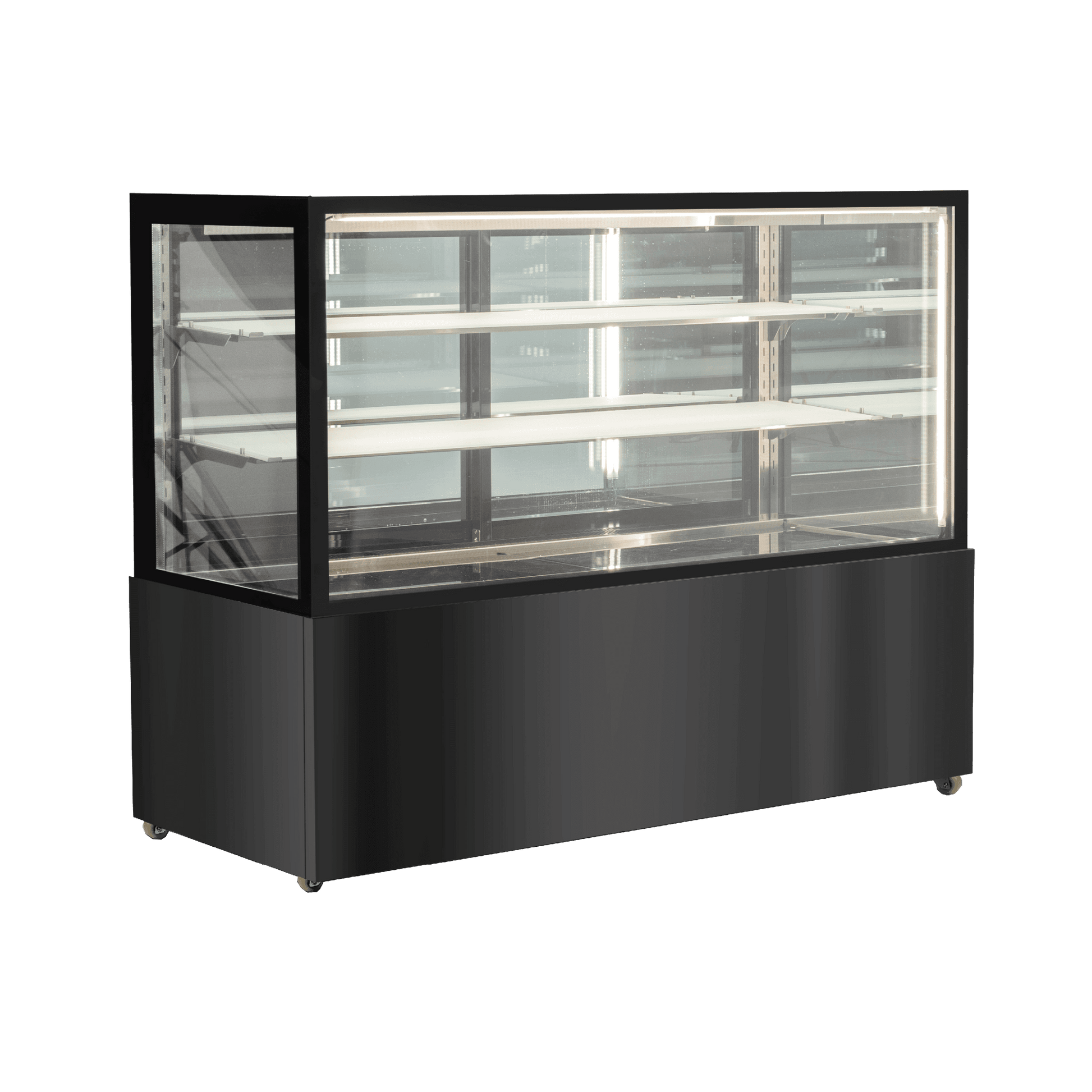 Three-tier black stainless steel and glass cake display refrigerator with black panel base and 1500mm width.