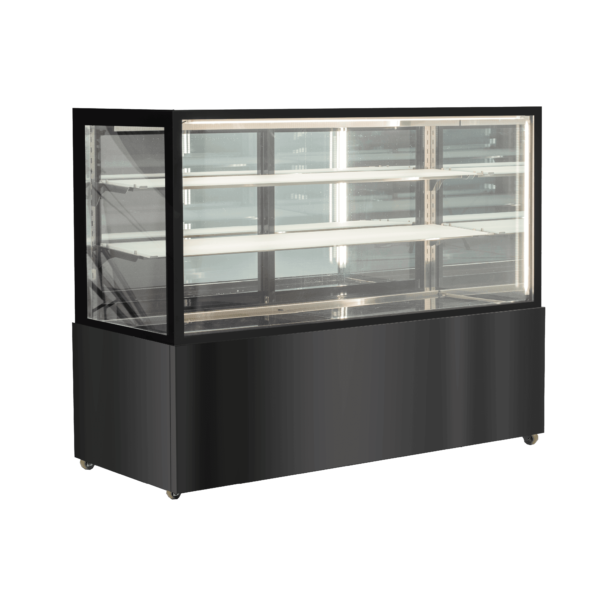 Three-tier black stainless steel and glass cake display refrigerator with black panel base and 1500mm width.