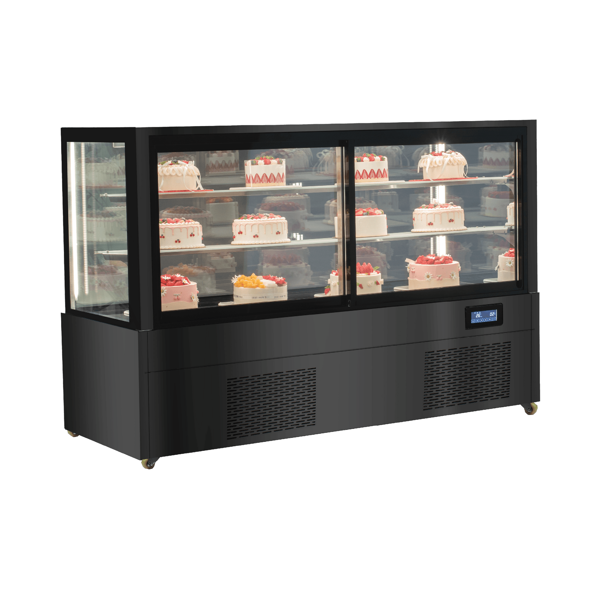 Three-tier black stainless steel and glass refrigerated cake display with digital temperature control, 1800mm wide.
