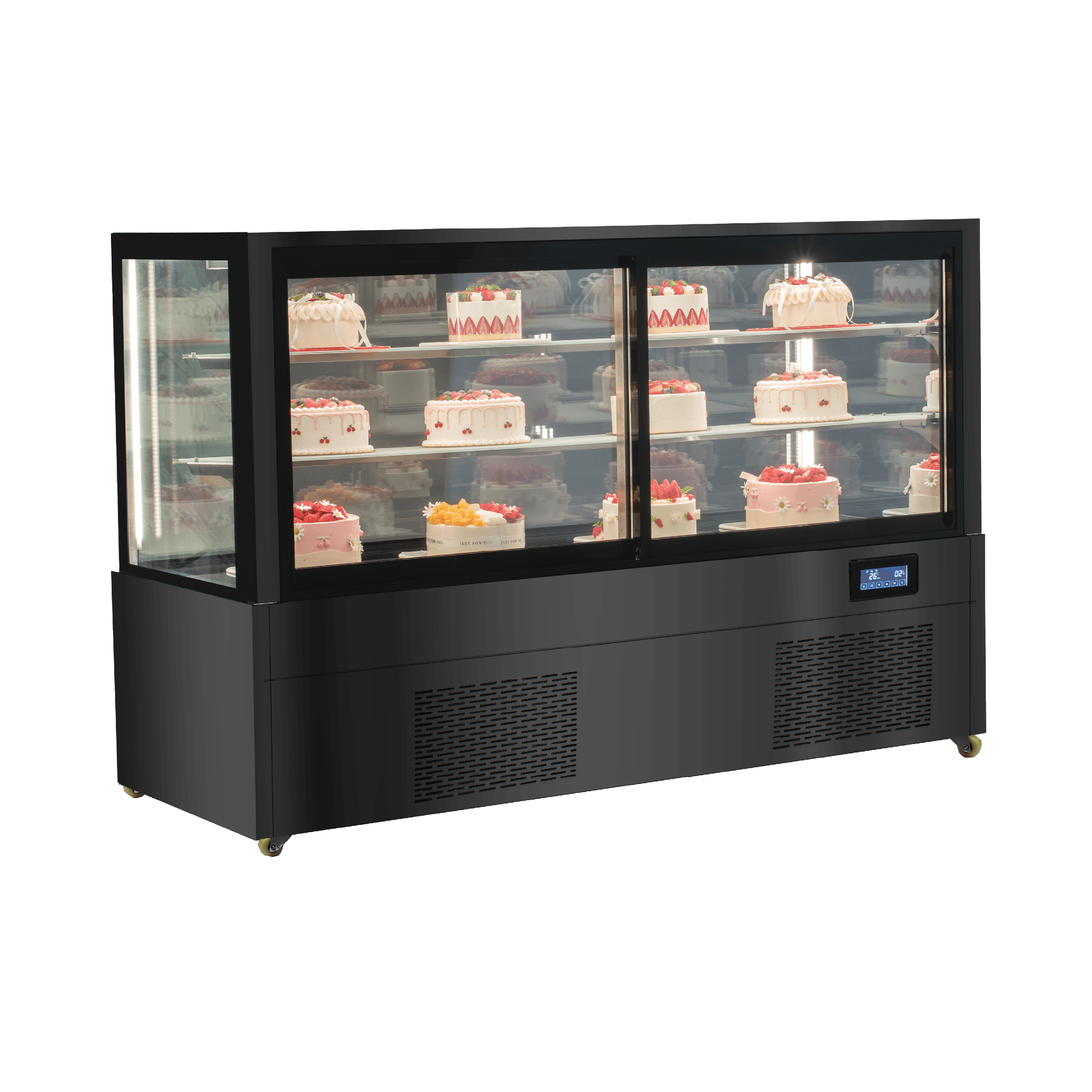 Three-tier black stainless steel and glass refrigerated cake display with digital temperature control, 1800mm wide.