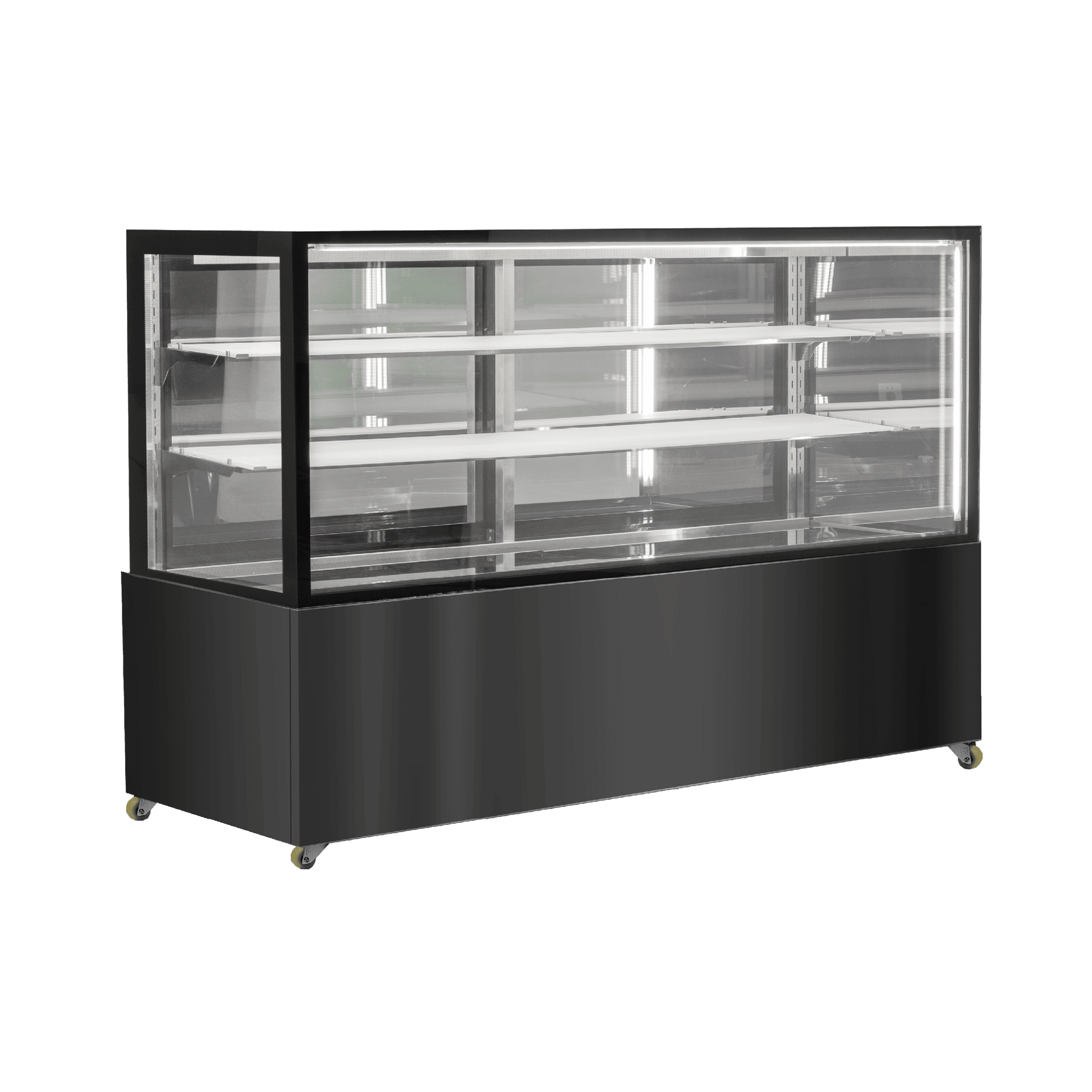 Three-tier black stainless steel and glass cake display refrigerator with wide 1800mm design and black panel base.