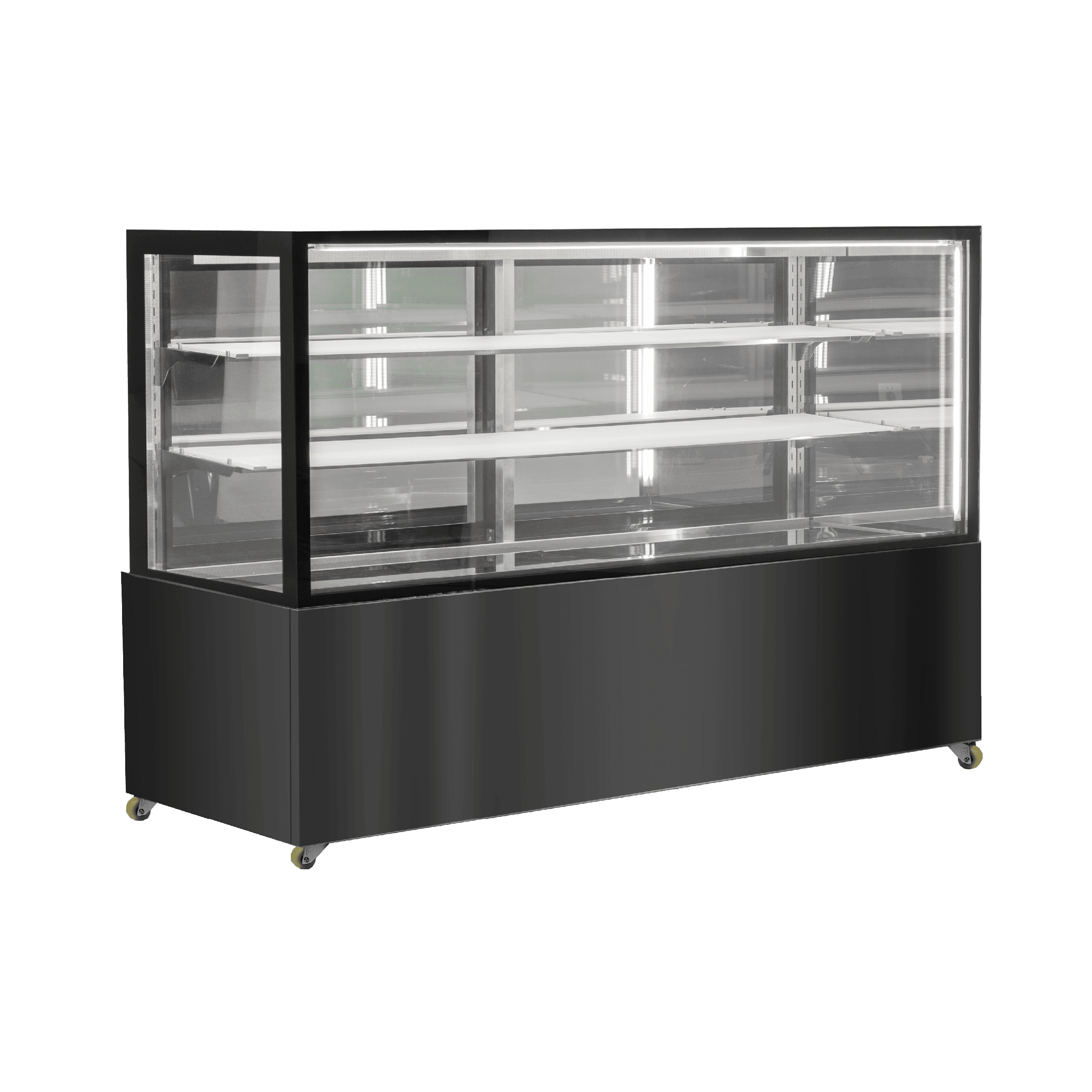 Three-tier black stainless steel and glass cake display refrigerator with wide 1800mm design and black panel base.