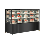 Large black stainless steel three-tier refrigerated cake display case with glass panels and multiple cakes inside.