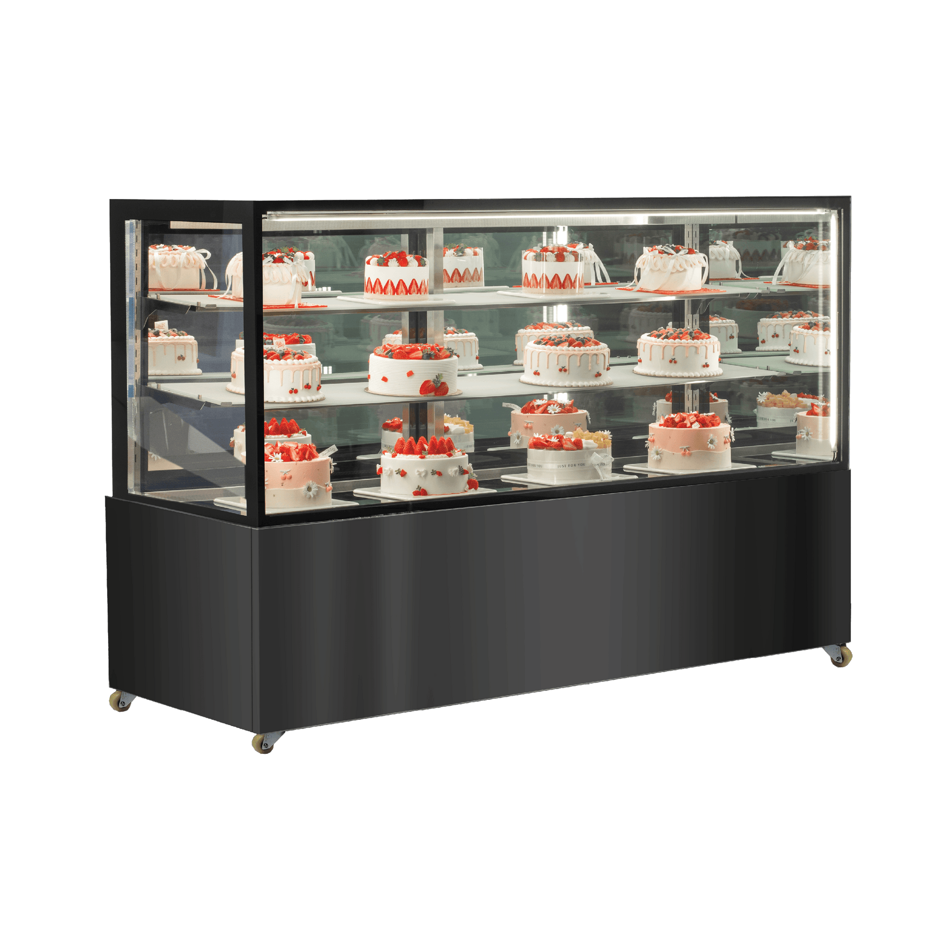 Large black stainless steel three-tier refrigerated cake display case with glass panels and multiple cakes inside.
