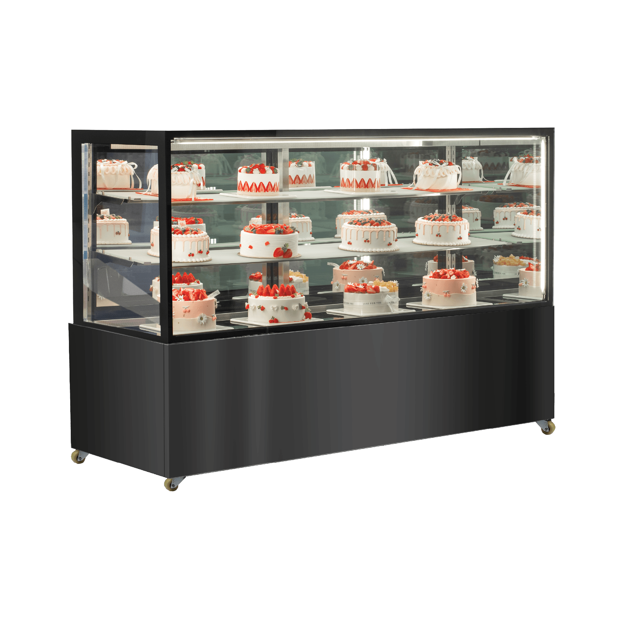 Large black stainless steel three-tier refrigerated cake display case with glass panels and multiple cakes inside.