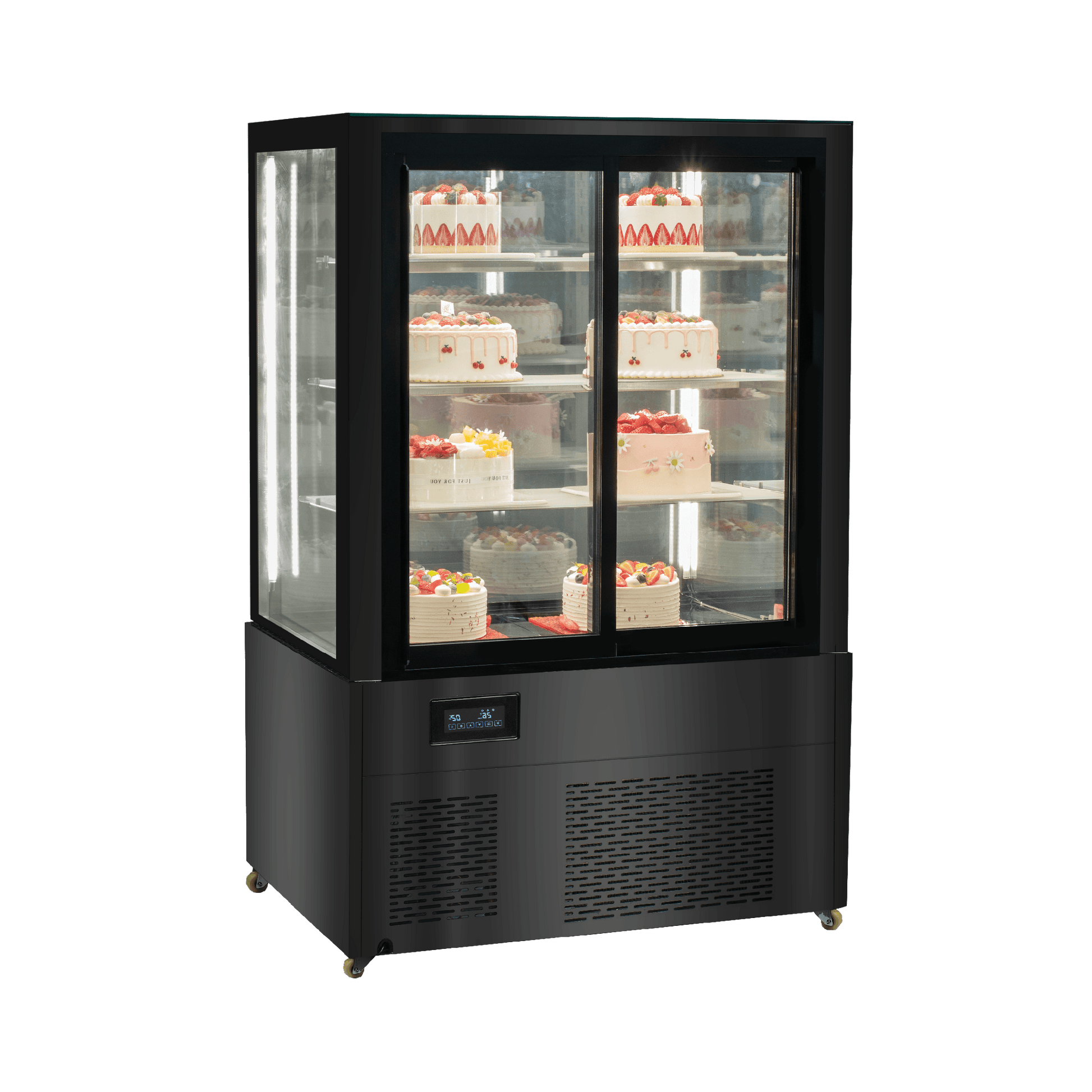 Black stainless steel four-tier refrigerated cake display with glass doors and shelves, showcasing assorted decorated cakes.