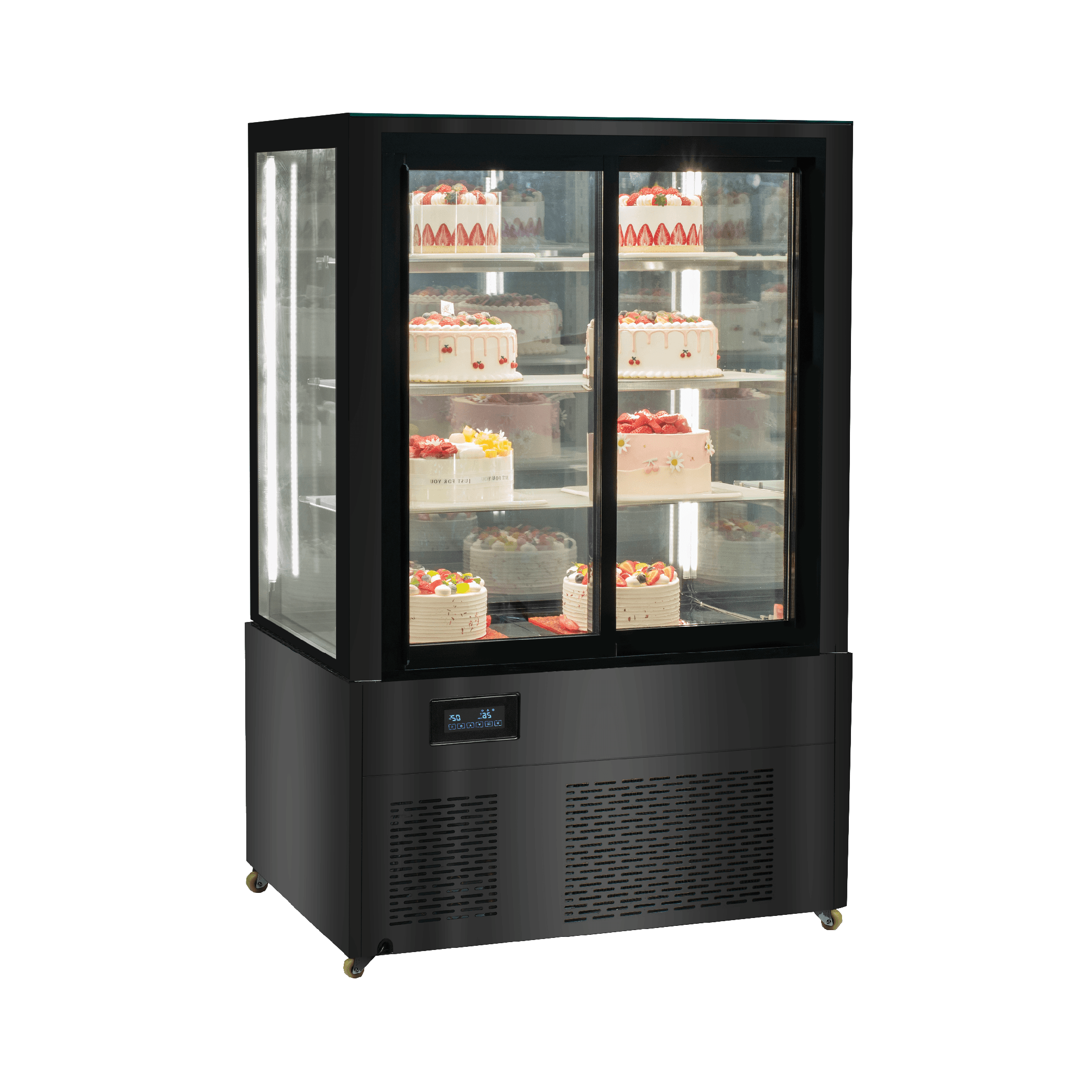 Black stainless steel four-tier refrigerated cake display with glass doors and shelves, showcasing assorted decorated cakes.