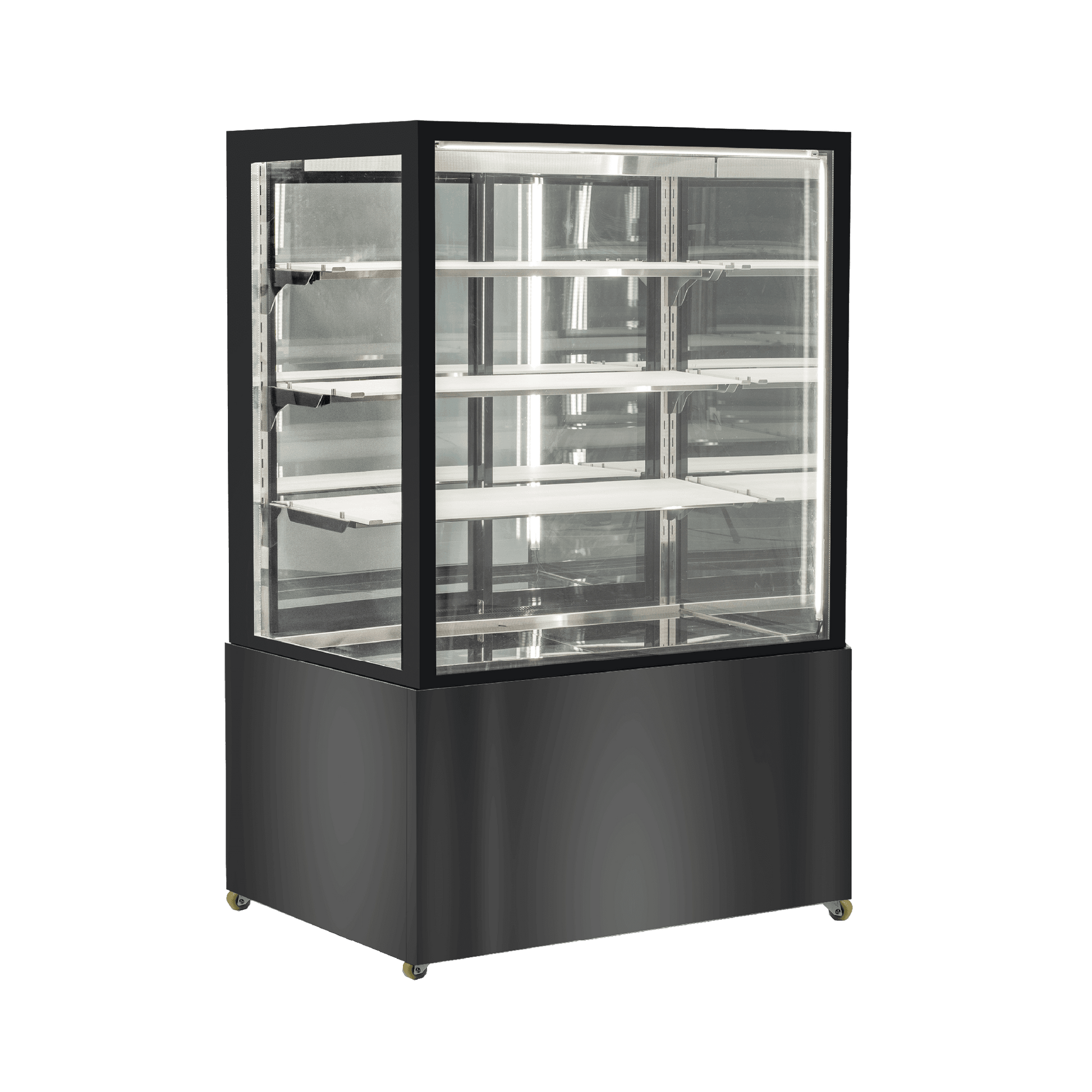 Four-tier black stainless steel and glass refrigerated cake display with mirrored interior and 900mm width.