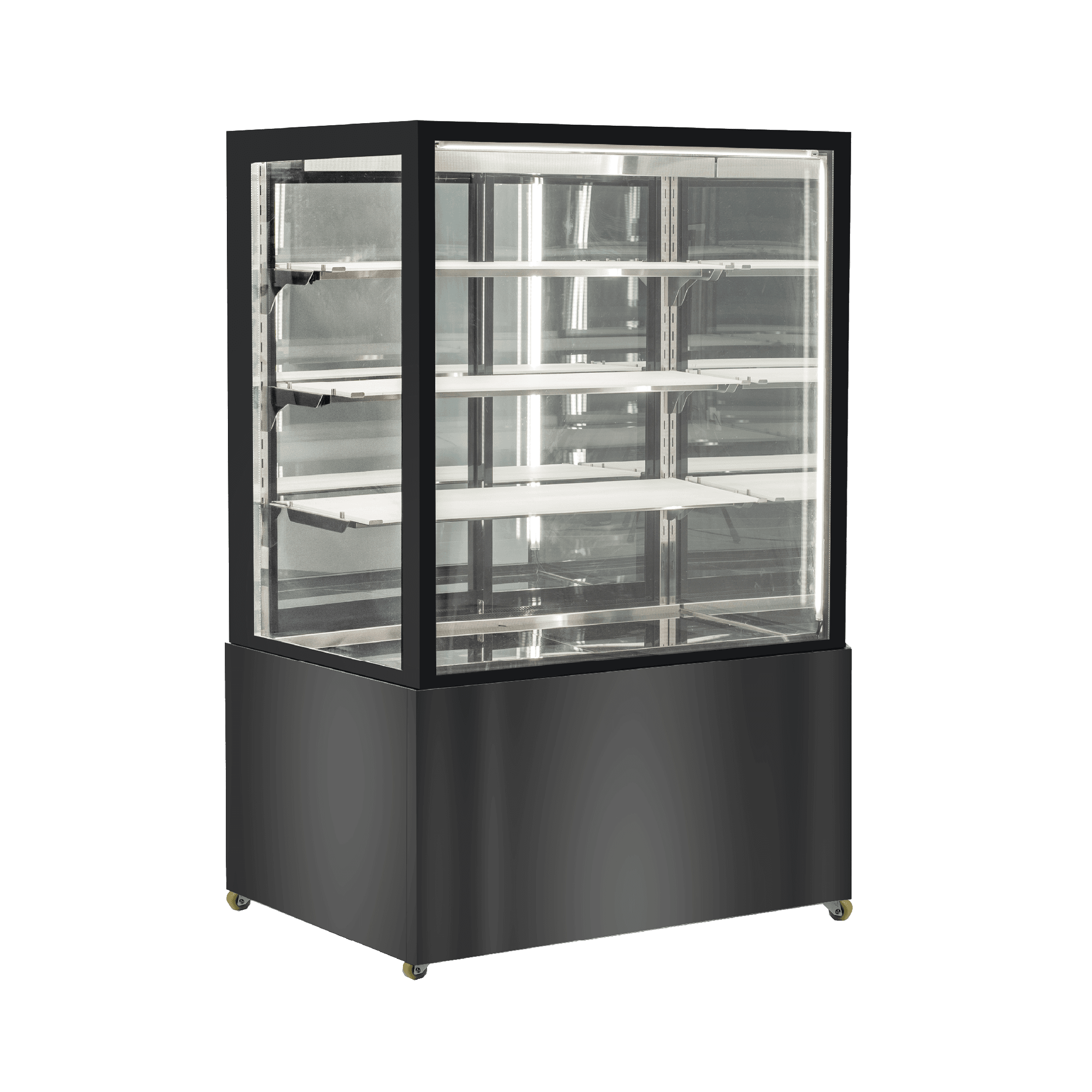 Four-tier black stainless steel and glass refrigerated cake display with mirrored interior and 900mm width.