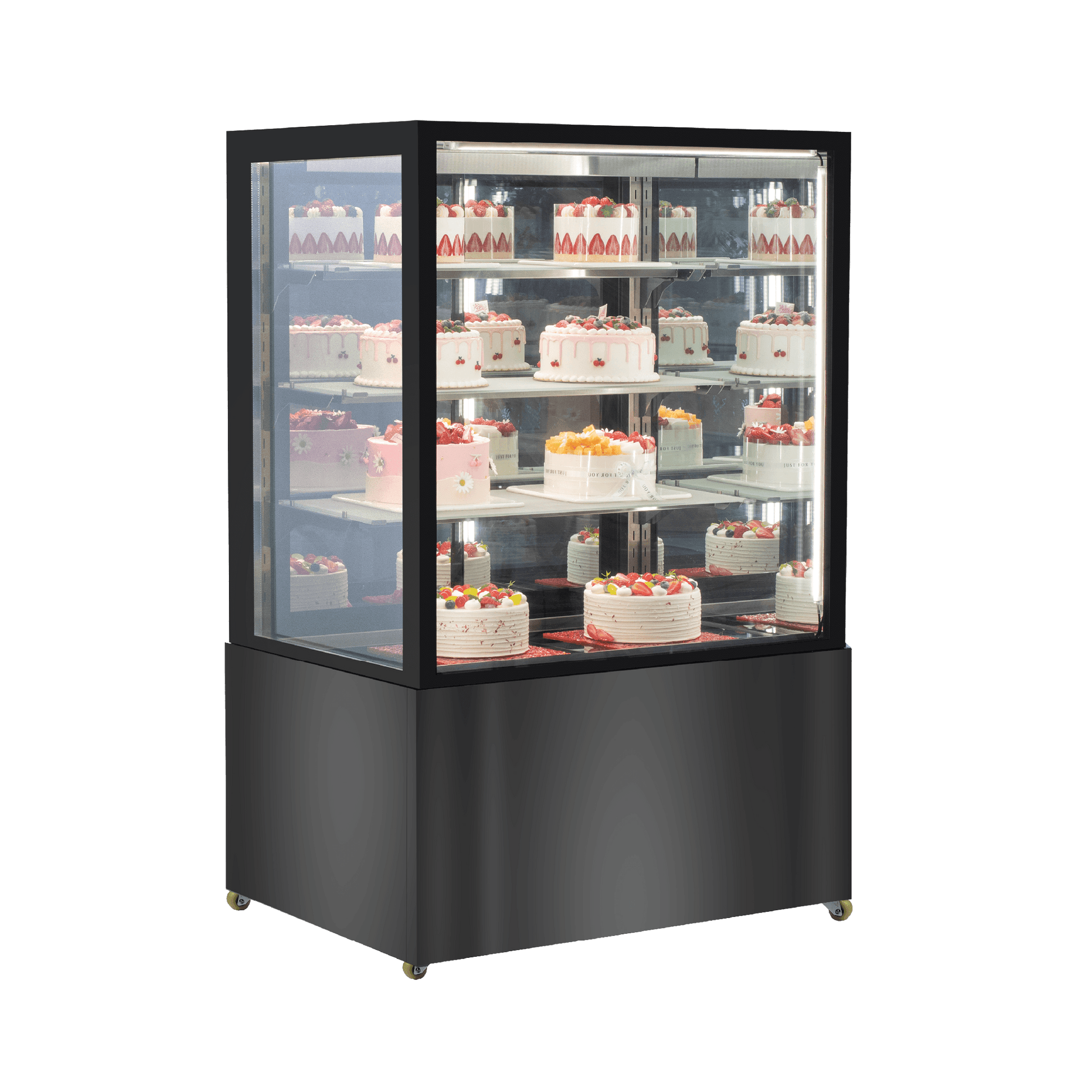 Black stainless steel and glass four-tier refrigerated cake display with mirrored back and LED lighting.