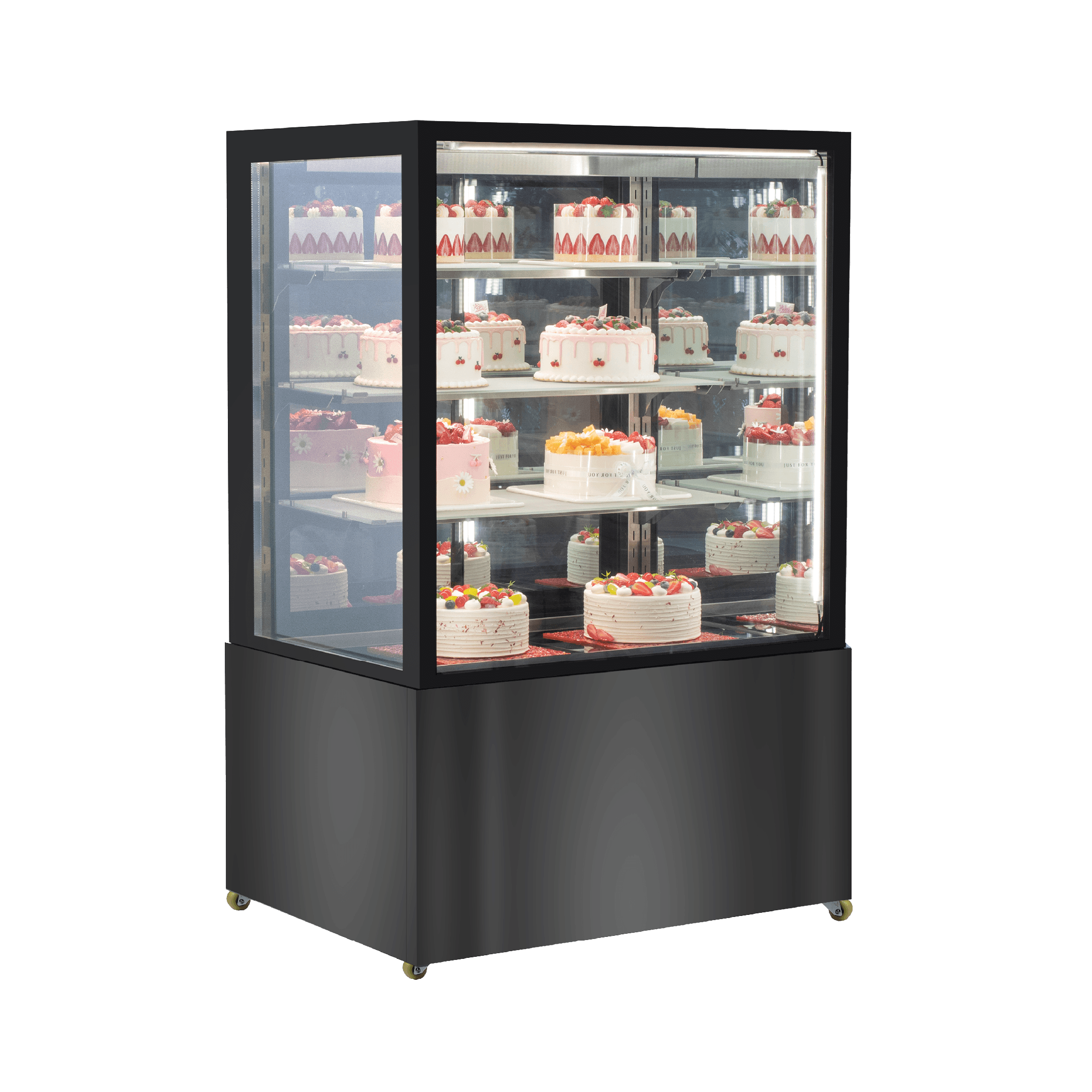Black stainless steel and glass four-tier refrigerated cake display with mirrored back and LED lighting.