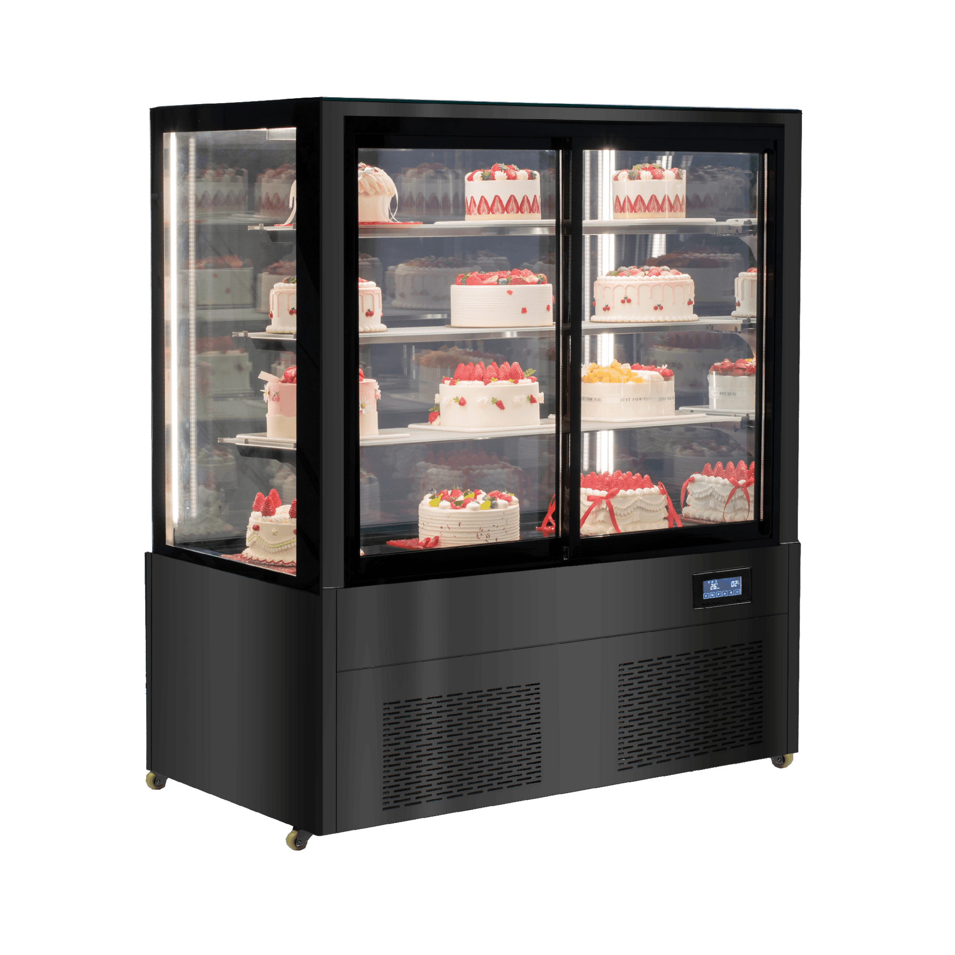 Black stainless steel and glass four-tier refrigerated cake display with mirrored back and digital temperature control.