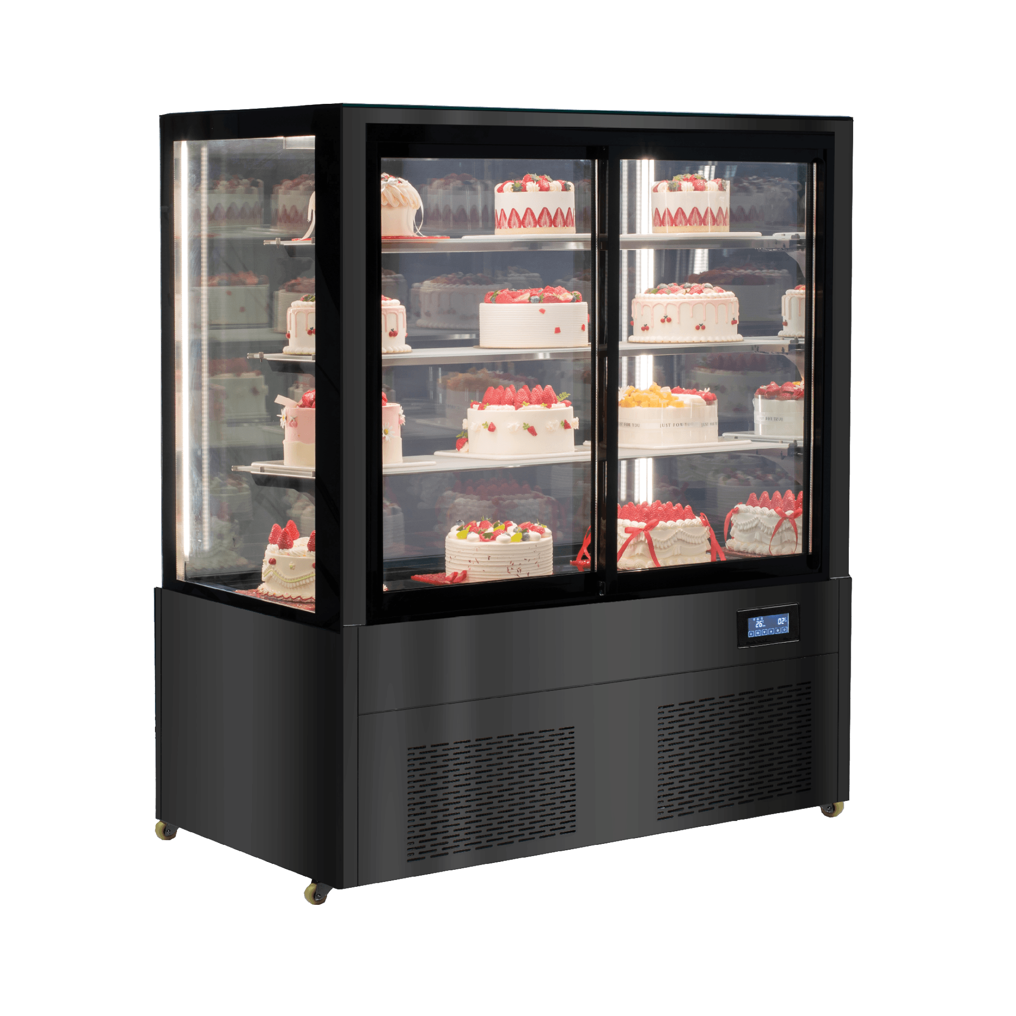 Black stainless steel and glass four-tier refrigerated cake display with mirrored back and digital temperature control.