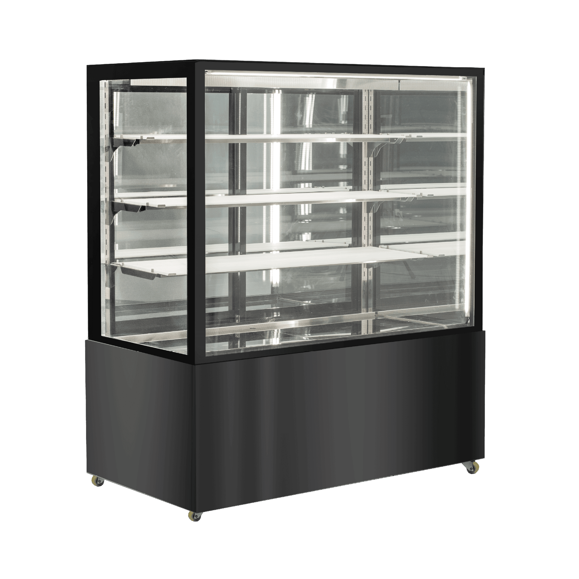 Black stainless steel refrigerated cake display with four glass tiers and transparent panels.