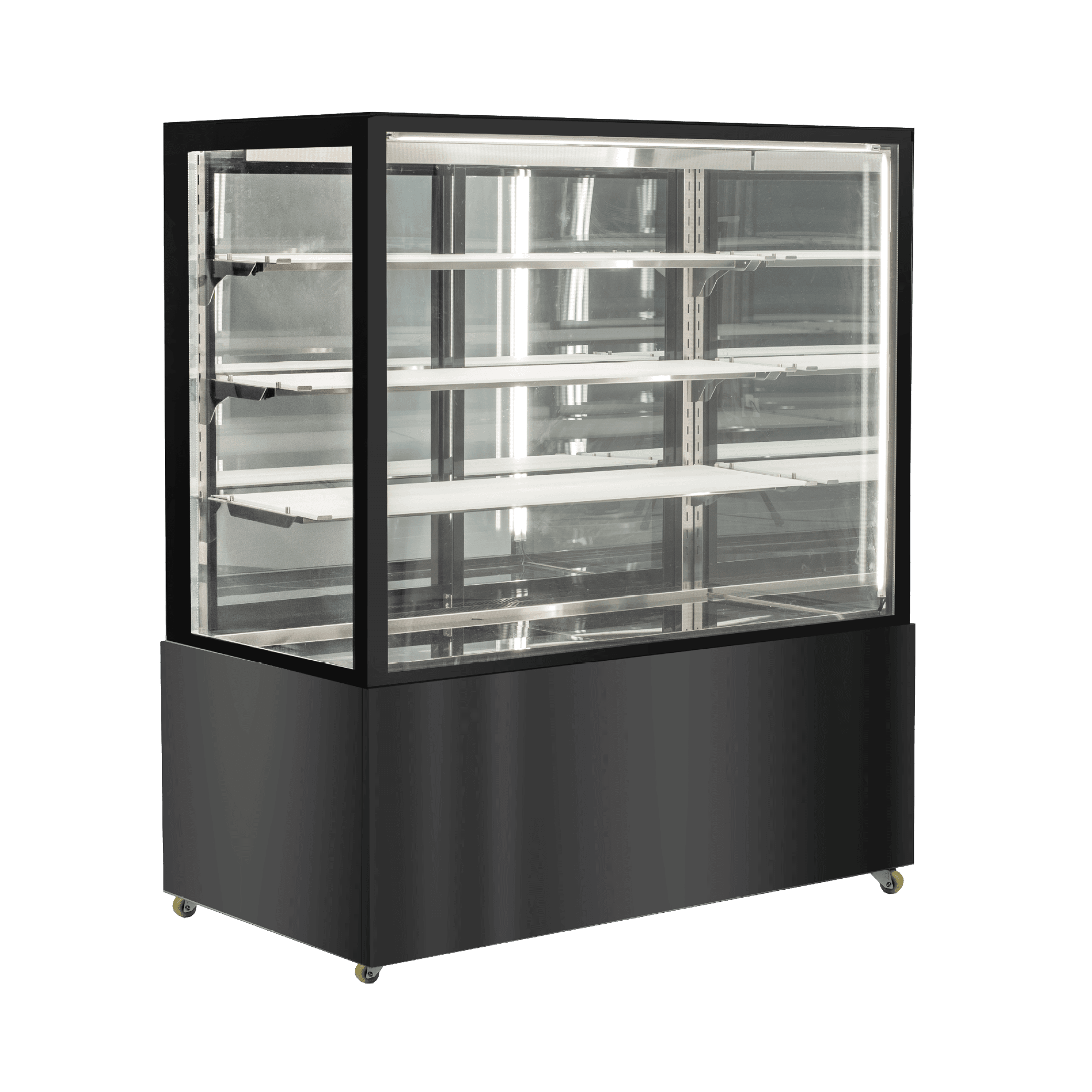 Black stainless steel refrigerated cake display with four glass tiers and transparent panels.